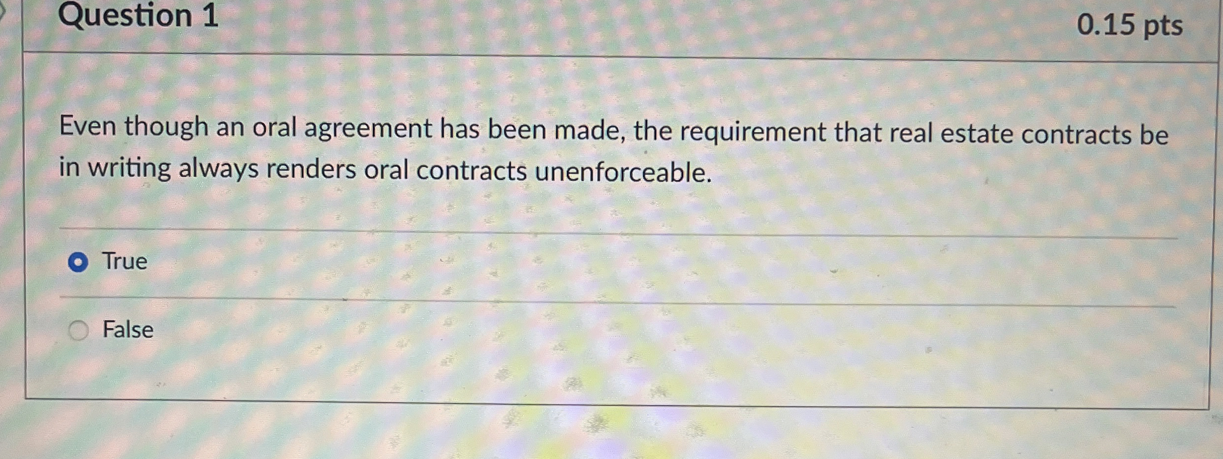  Question 1 0.15 pts Even though an oral agreement has been