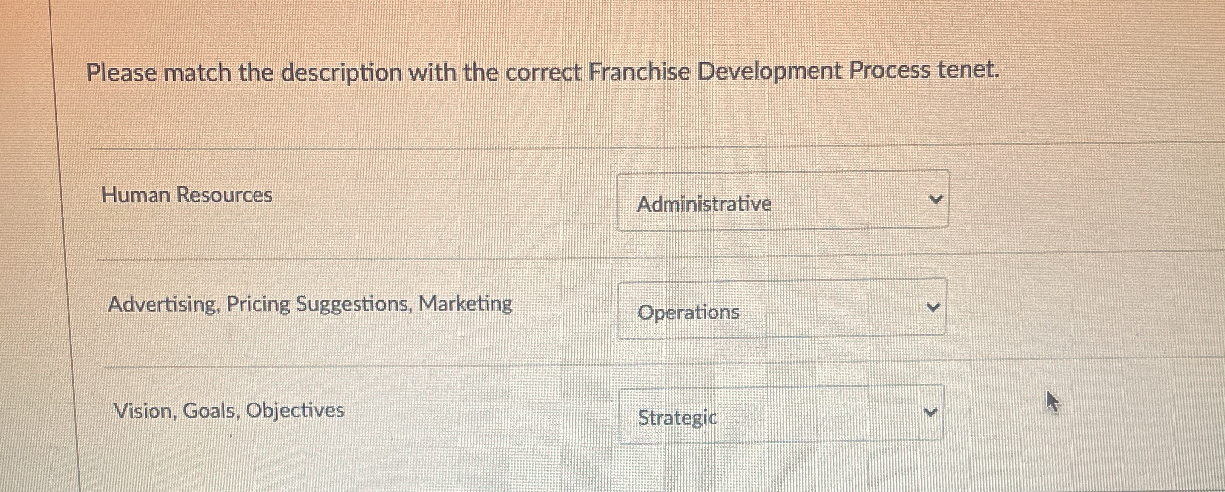  Please match the description with the correct Franchise Development Process tenet.