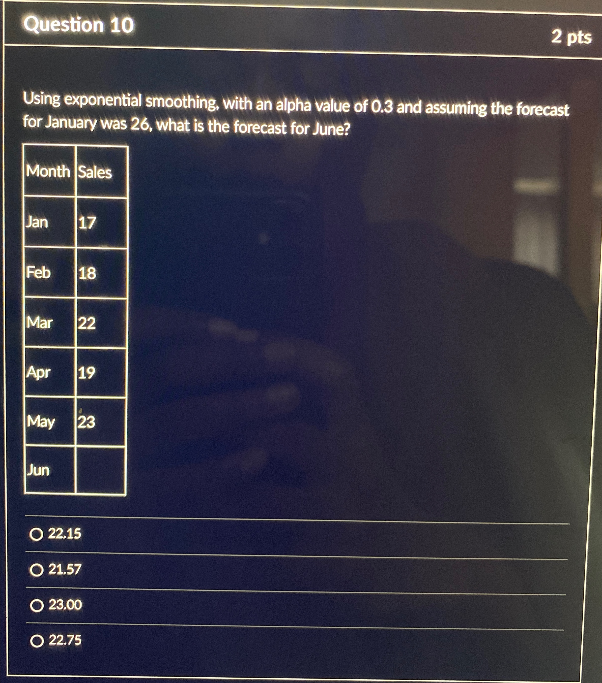  Question 10 2 pts Using exponential smoothing, with an alpha value