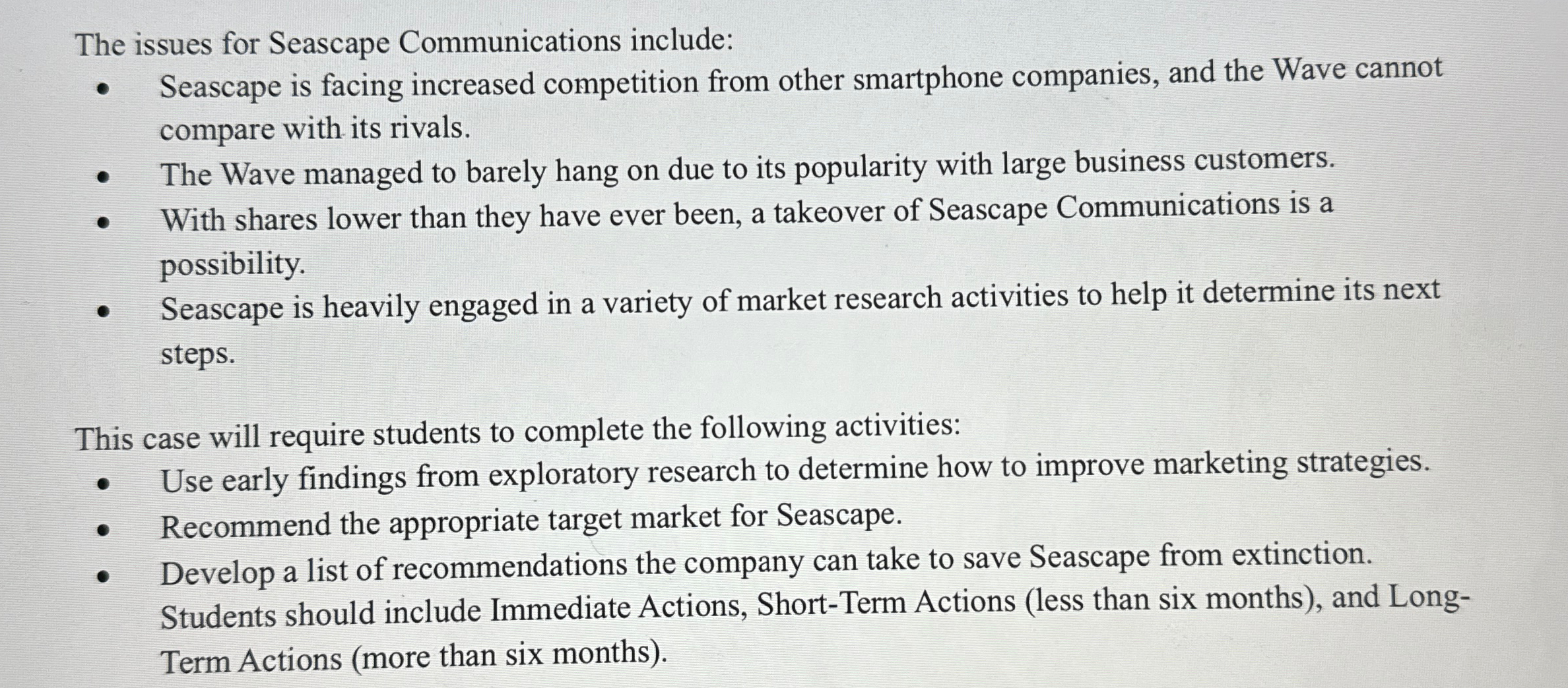  The issues for Seascape Communications include: Seascape is facing increased competition
