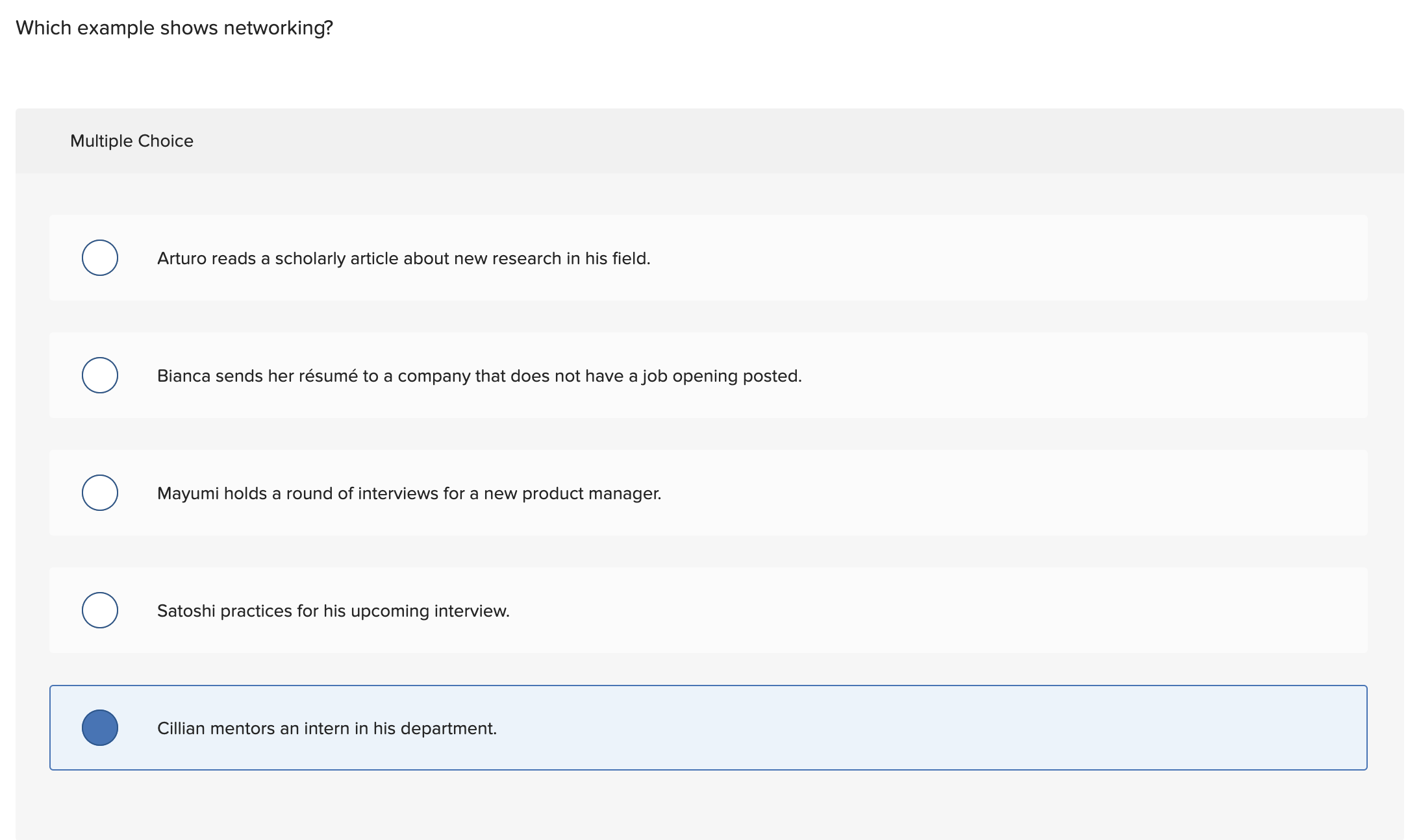  Which example shows networking? Multiple Choice Arturo reads a scholarly article
