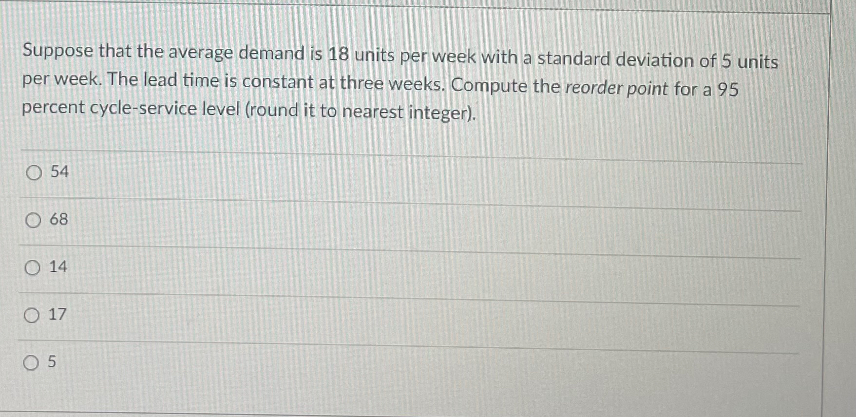  Suppose that the average demand is 18 units per week with