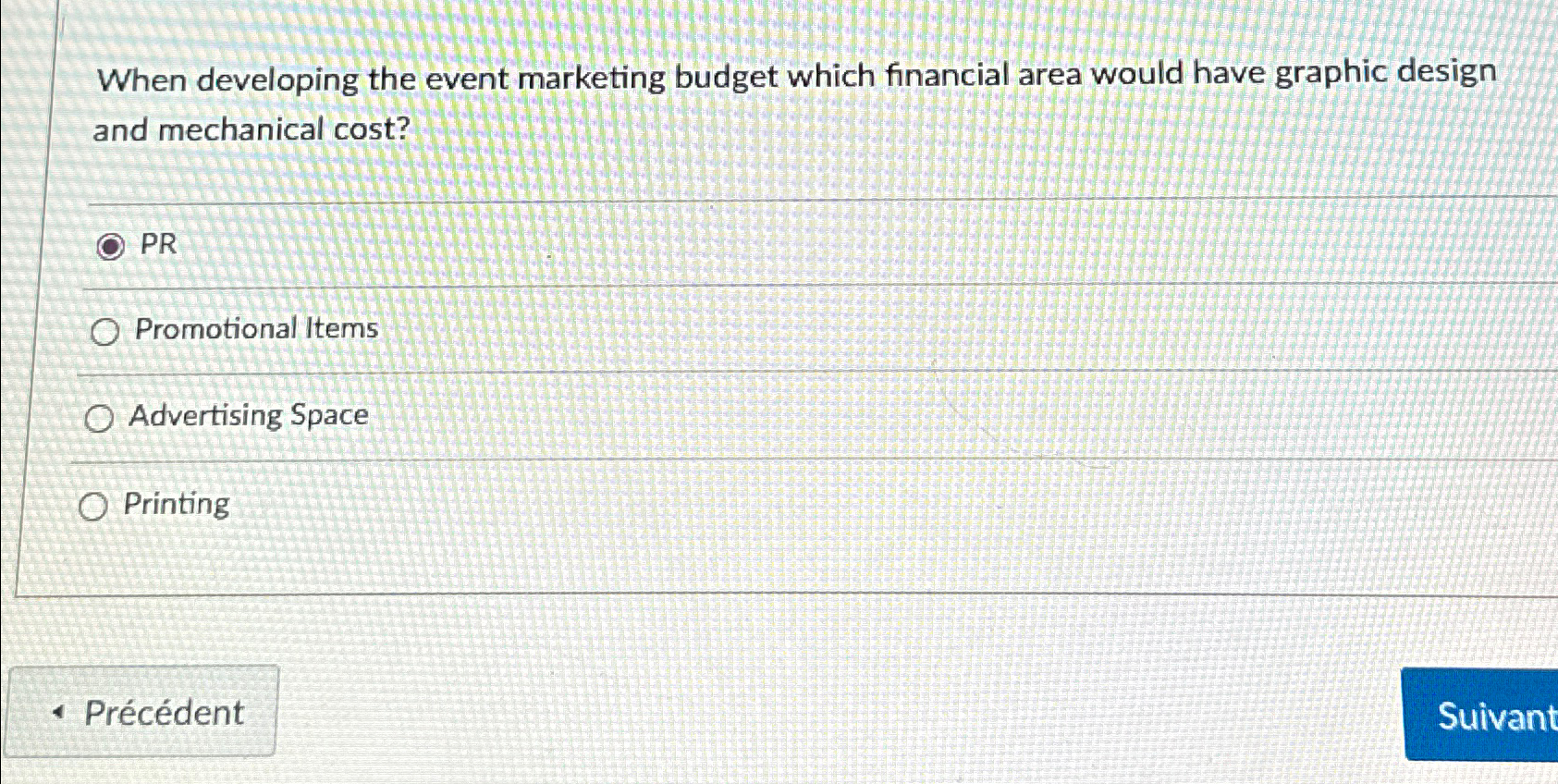  When developing the event marketing budget which financial area would have