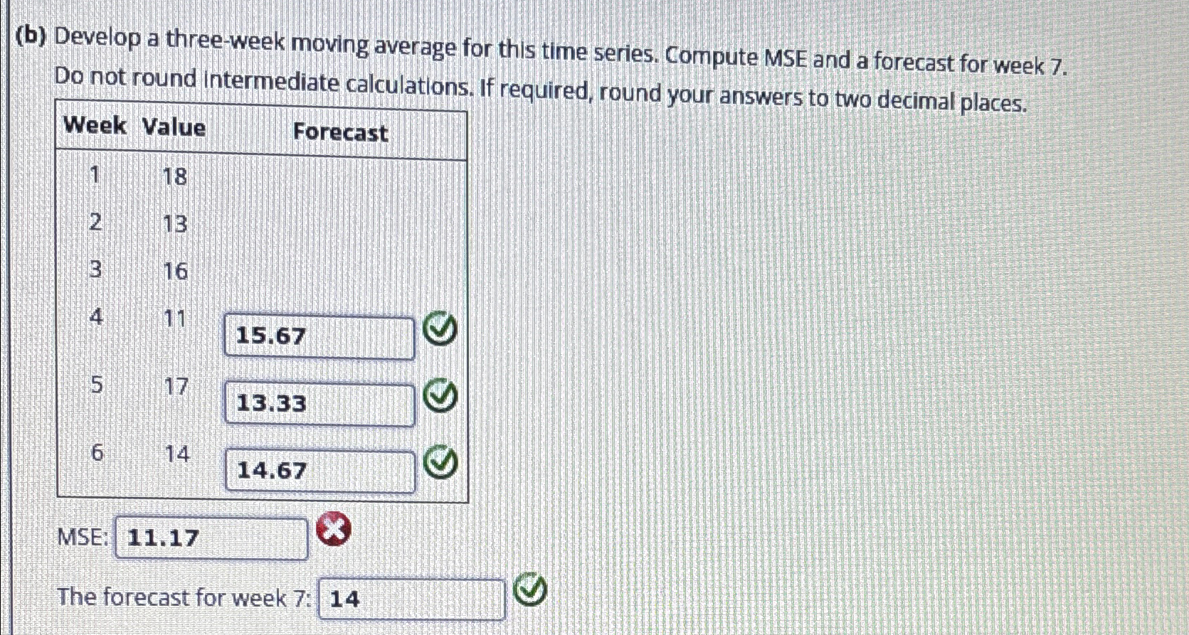  (b) Develop a three-week moving average for this time series. Compute