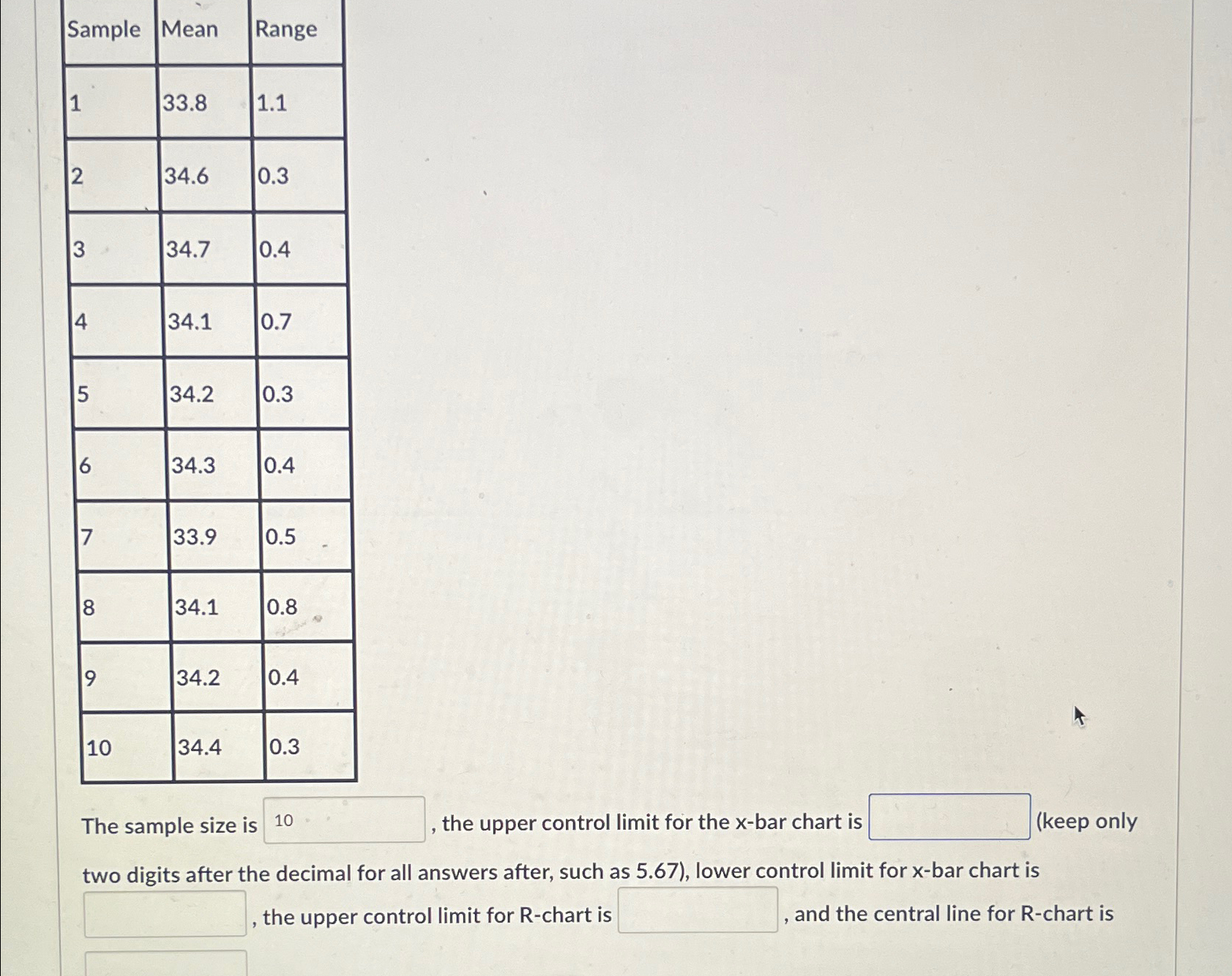  \table[[Sample,Mean,Range],[1,33.8,1.1],[2,34.6,0.3],[3,34.7,0.4],[4,34.1,0.7],[5,34.2,0.3],[6,34.3,0.4],[7,33.9,0.5],[8,34.1,0.8],[9,34.2,0.4],[10,34.4,0.3]] The sample size is , the upper control limit for