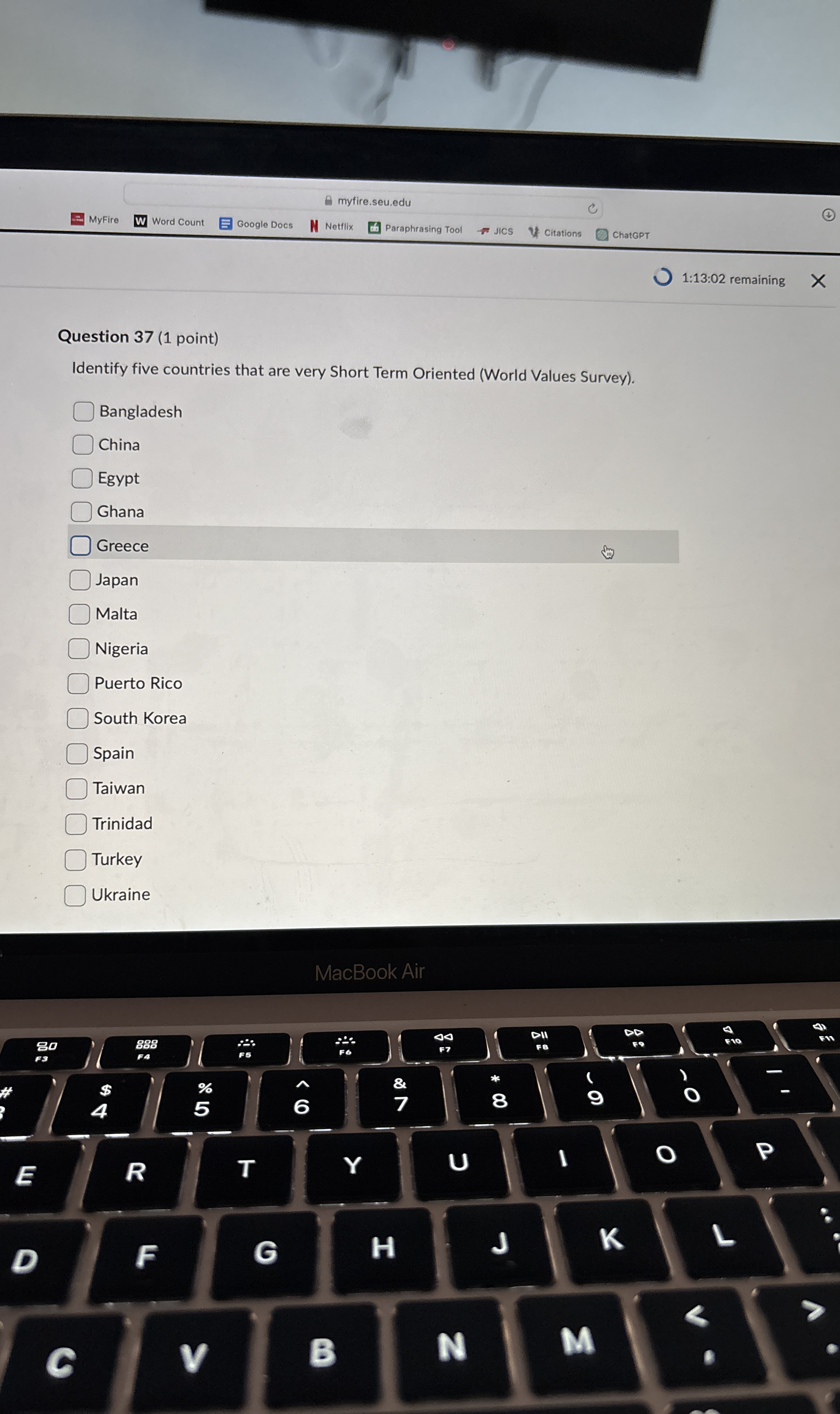  1:13:02 remaining Question 37(1 point) Identify five countries that are very