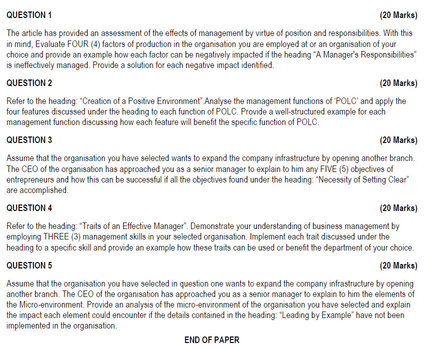  QUESTION 1 (20 Marks) The article has provided an assessment of