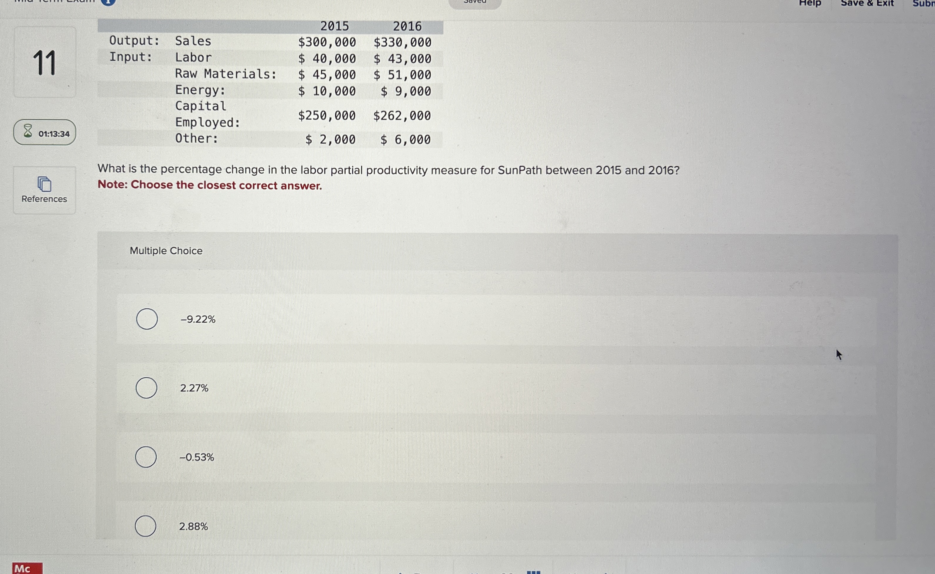  11 01:13:34 \table[[Output:,Sales,2015,2016],[Input:,Labor,$300,000,$330,000 