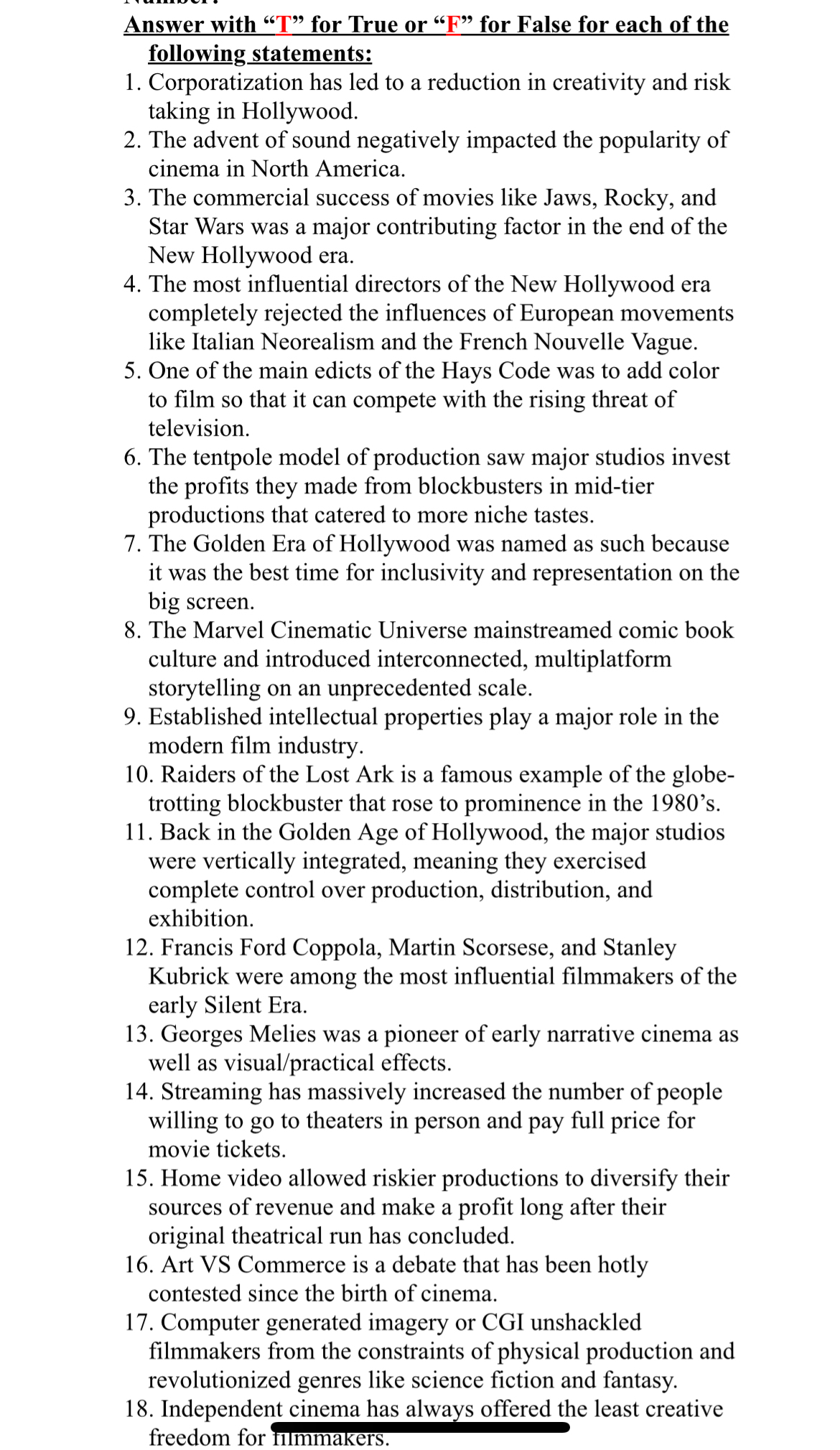  Answer with "T" for True or "F" for False for each