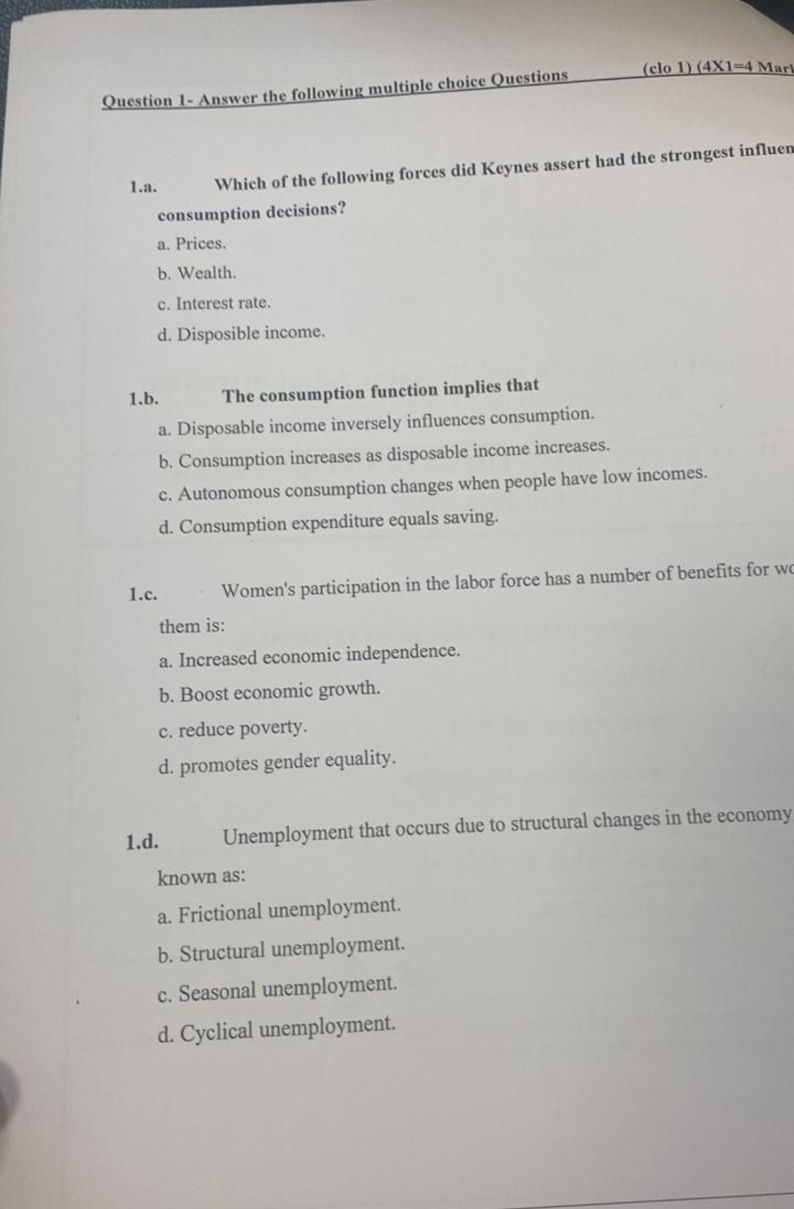  Question 1- Answer the following multiple choice Questions clo 1 