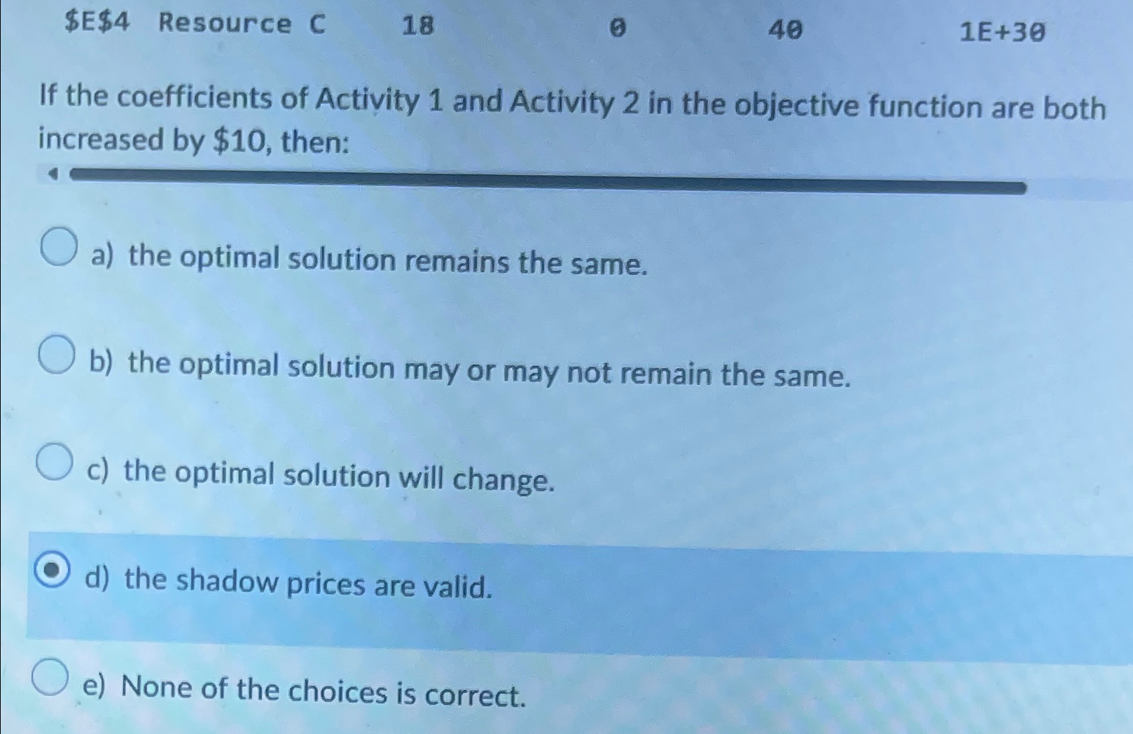 $E$4 Resource C 18 40 1E+30 If the coefficients of Activity