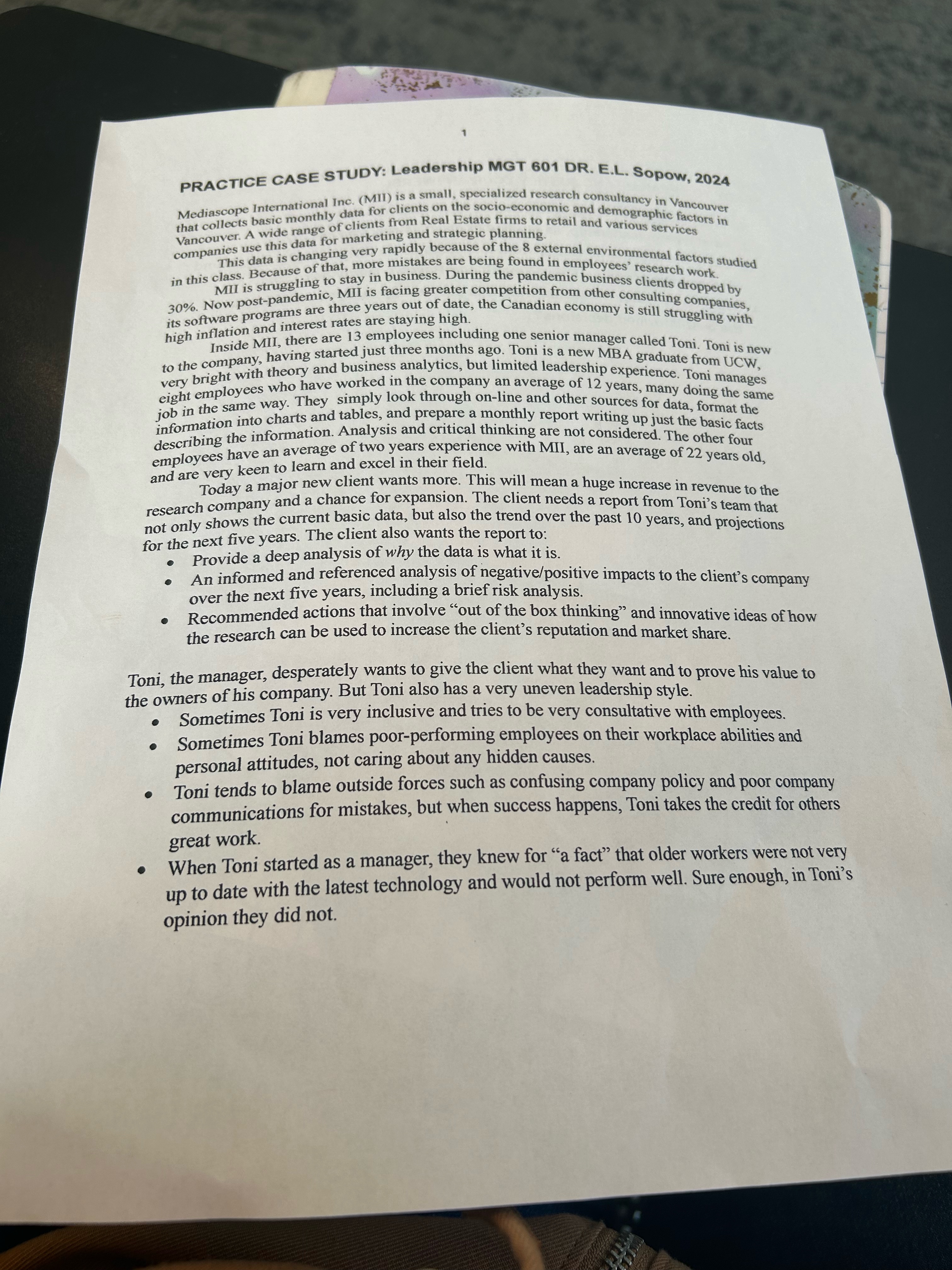  1 PRACTICE CASE STUDY: Leadership MGT 601 DR. E.L. Sopow, 2024