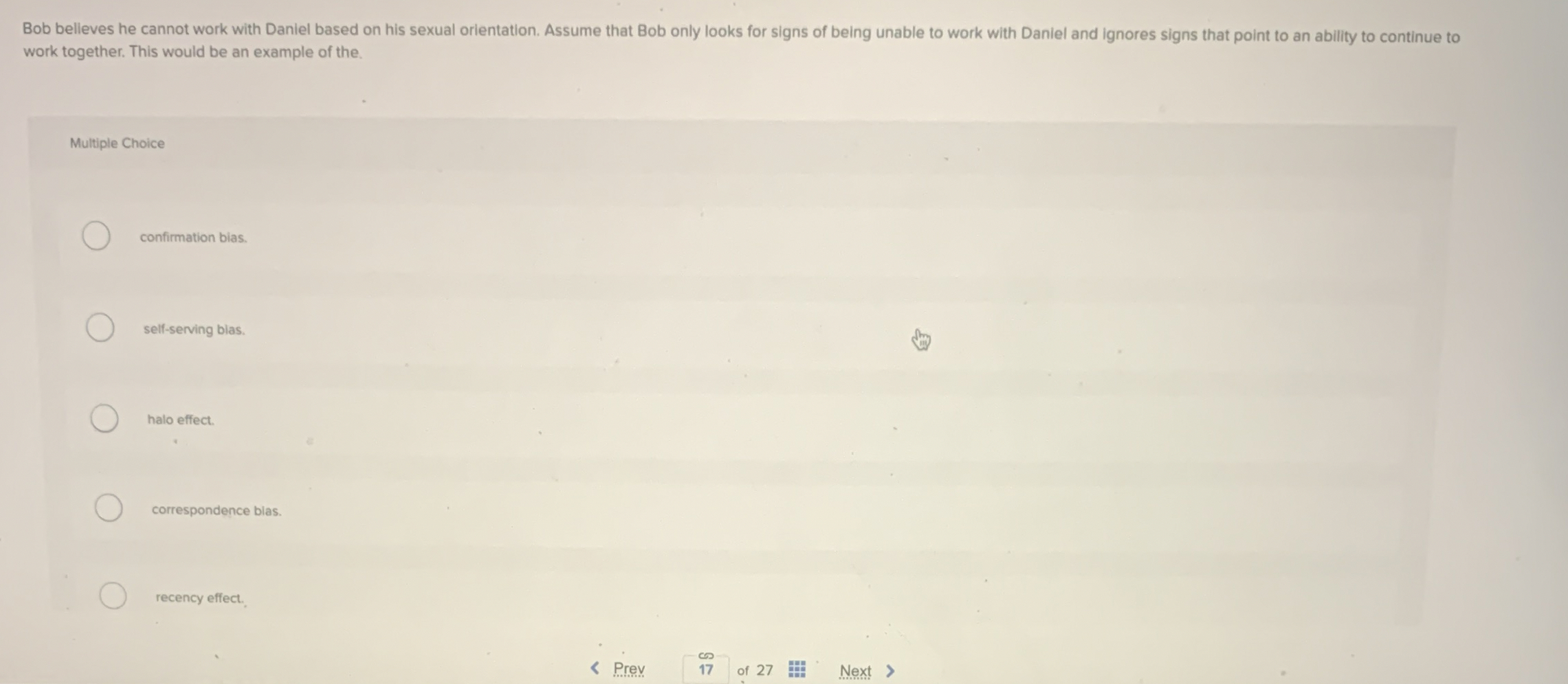  Bob belleves he cannot work with Daniel based on his sexual