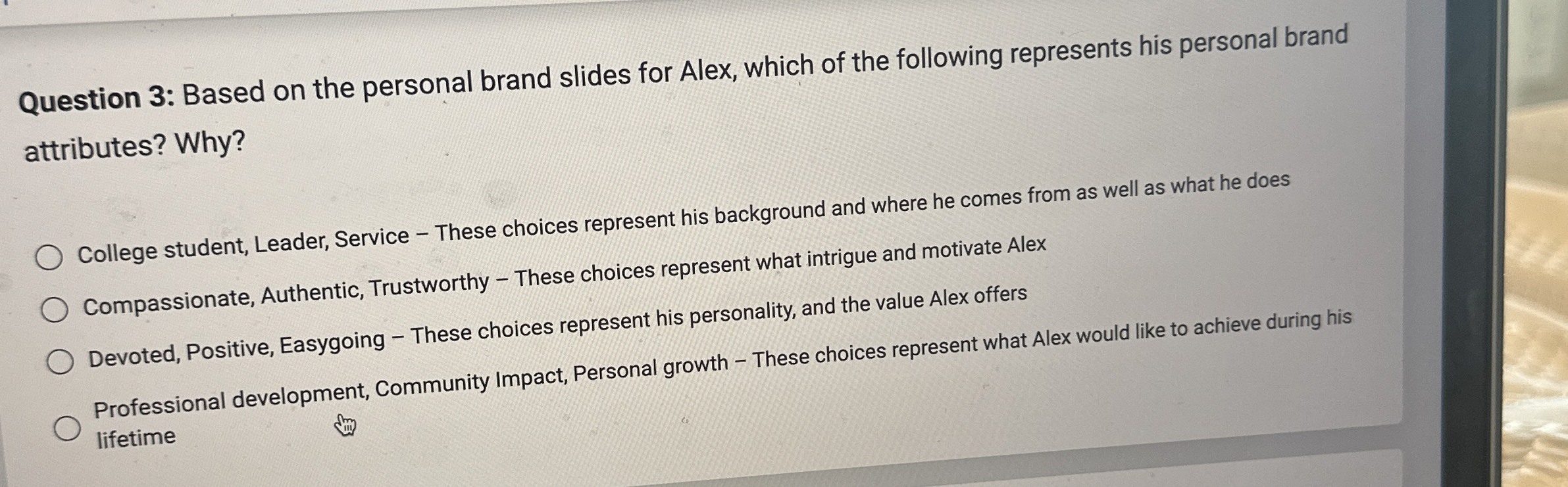  Question 3: Based on the personal brand slides for Alex, which