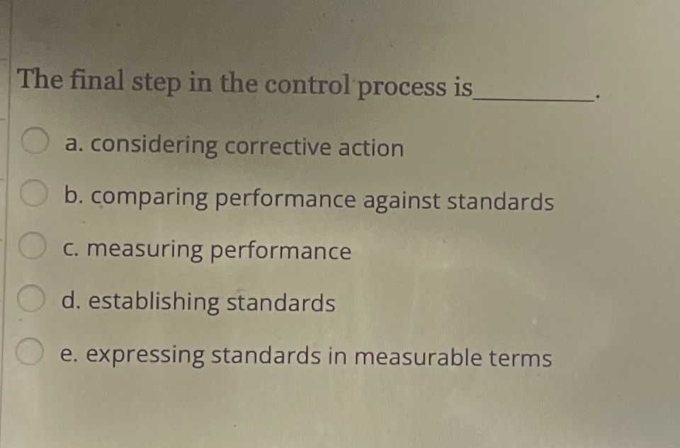  The final step in the control process is q, a. considering