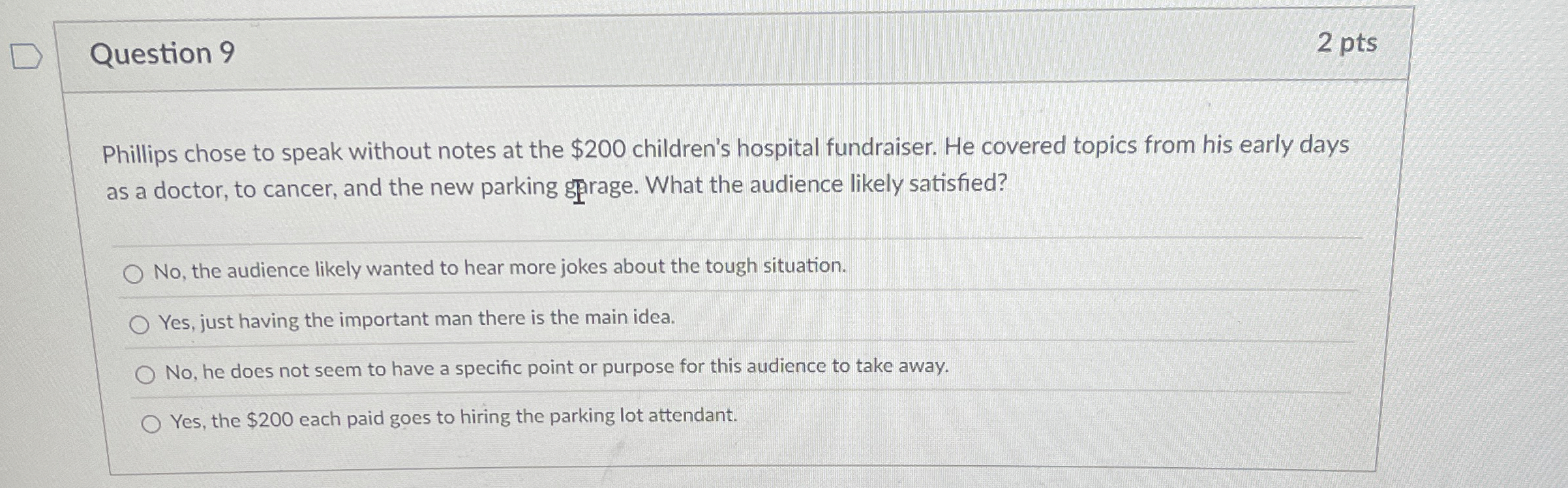  Question 9 2 pts Phillips chose to speak without notes at