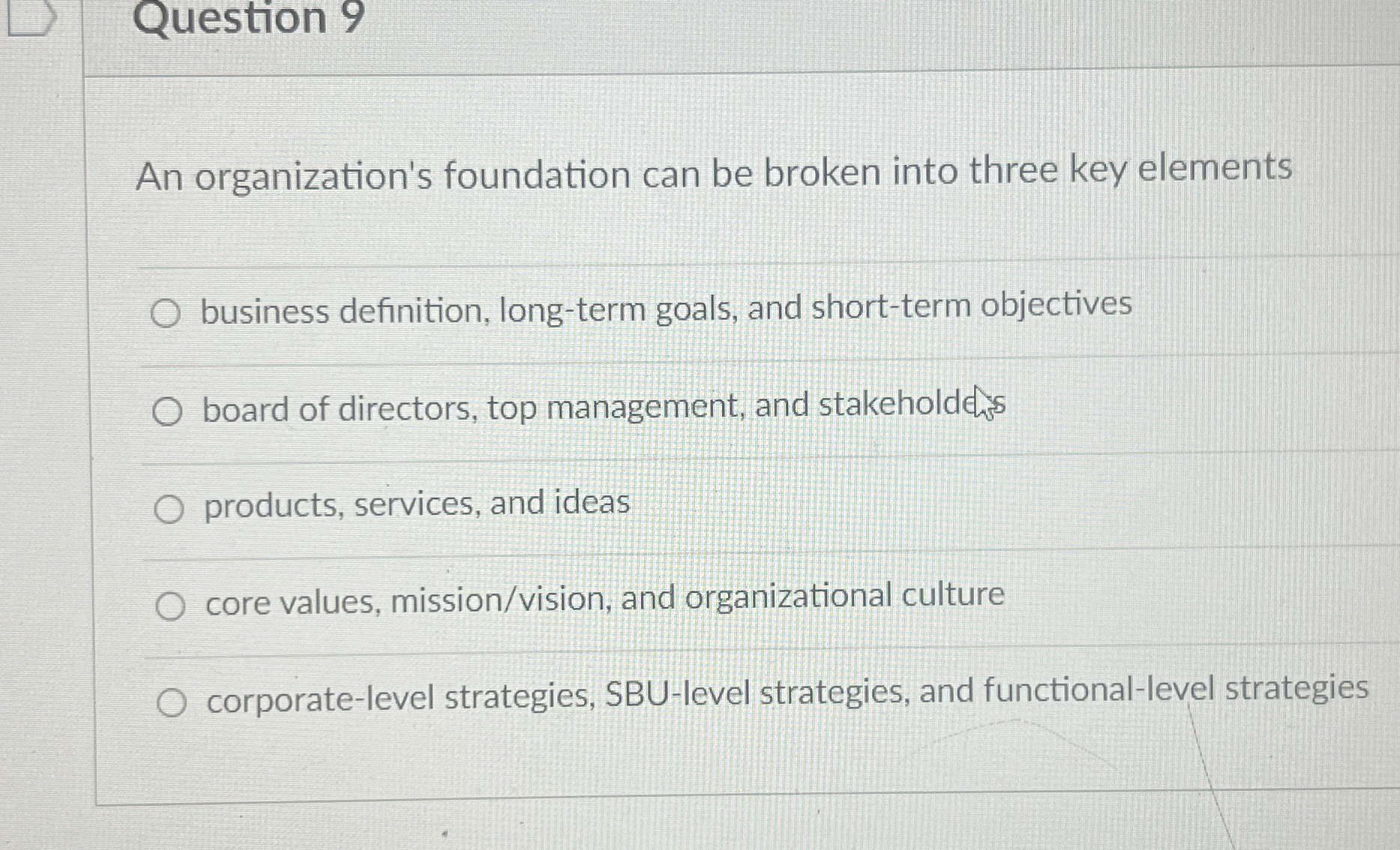  Question 9 An organization's foundation can be broken into three key