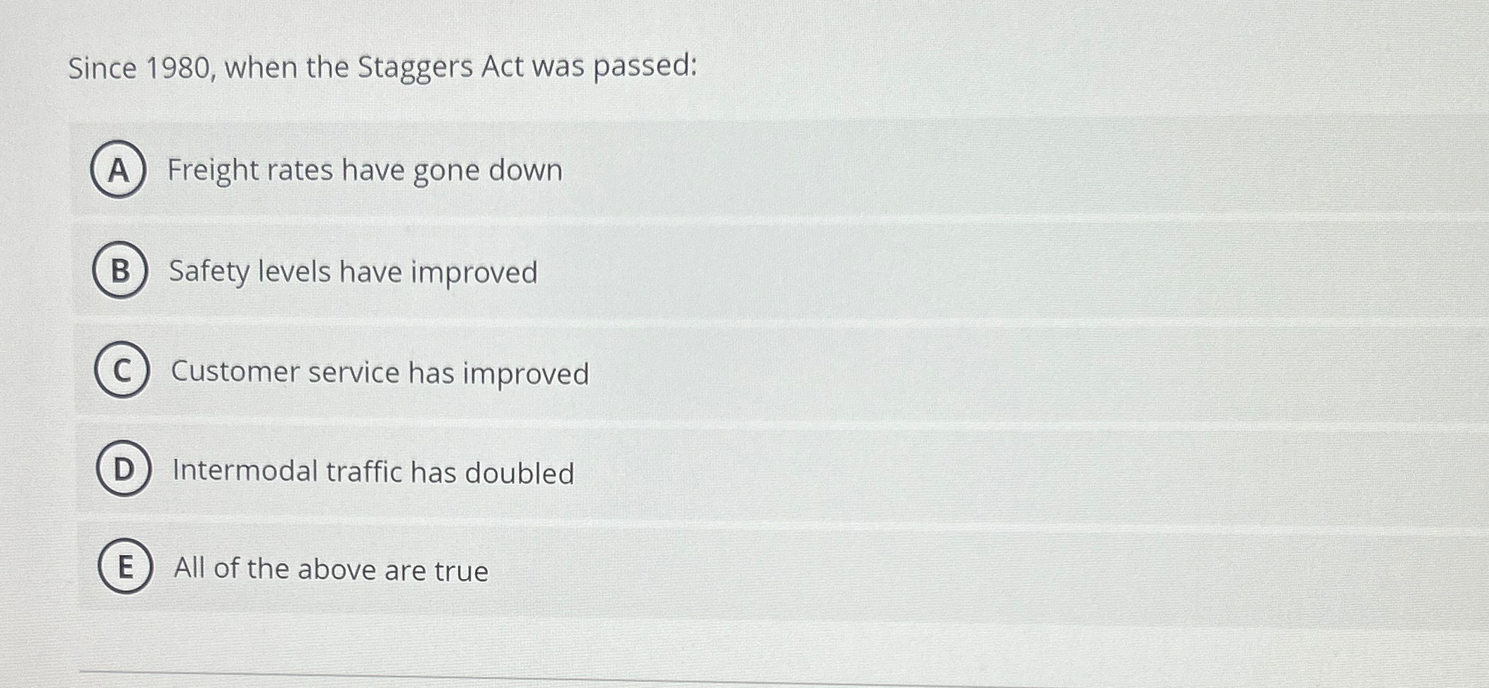  Since 1980, when the Staggers Act was passed: Freight rates have