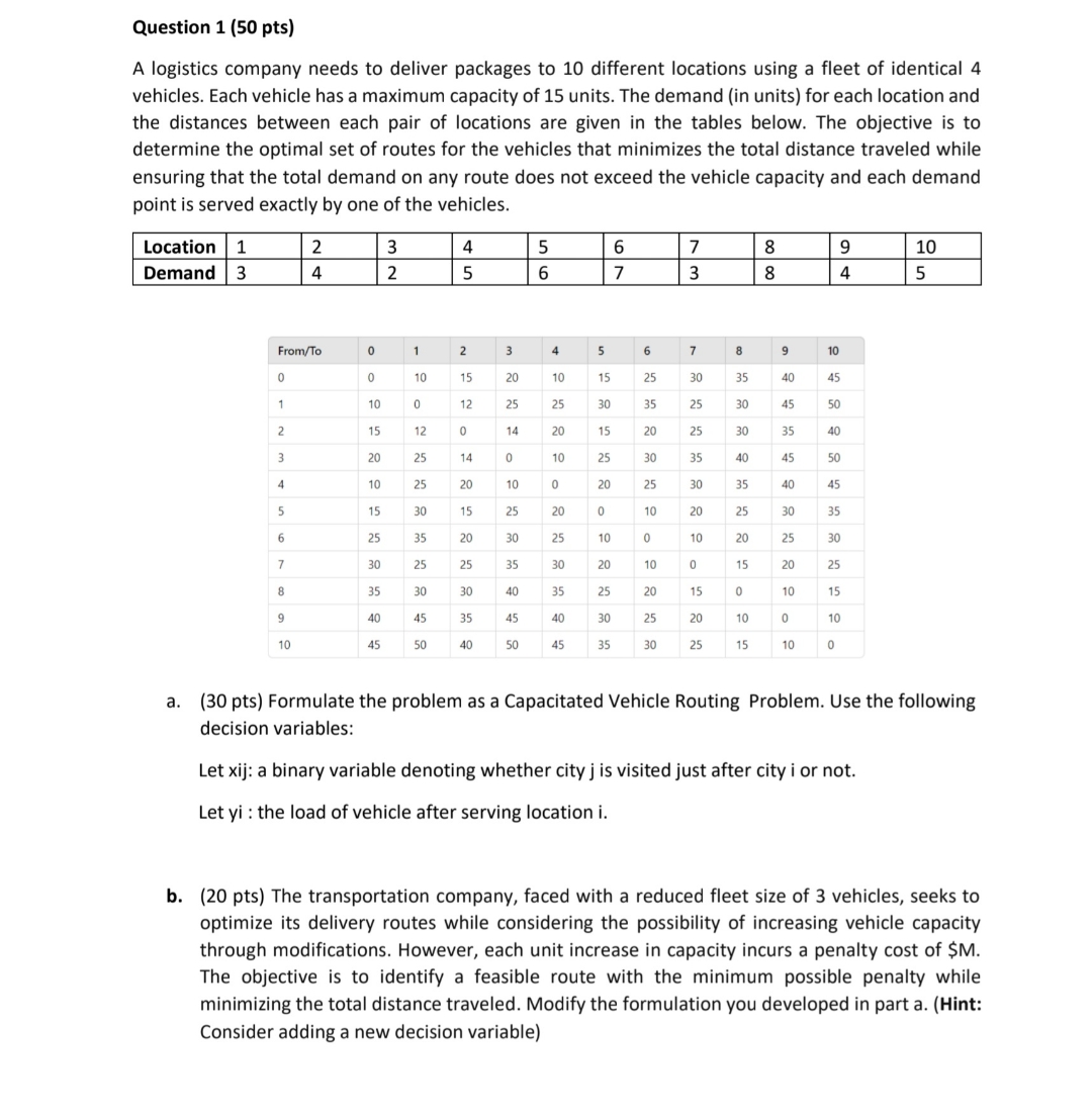  Question 1(50 pts) A logistics company needs to deliver packages to