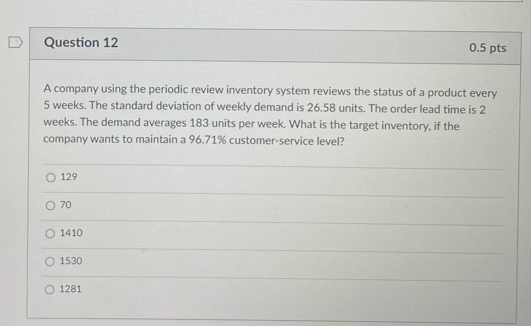  Question 12 0.5pts A company using the periodic review inventory system