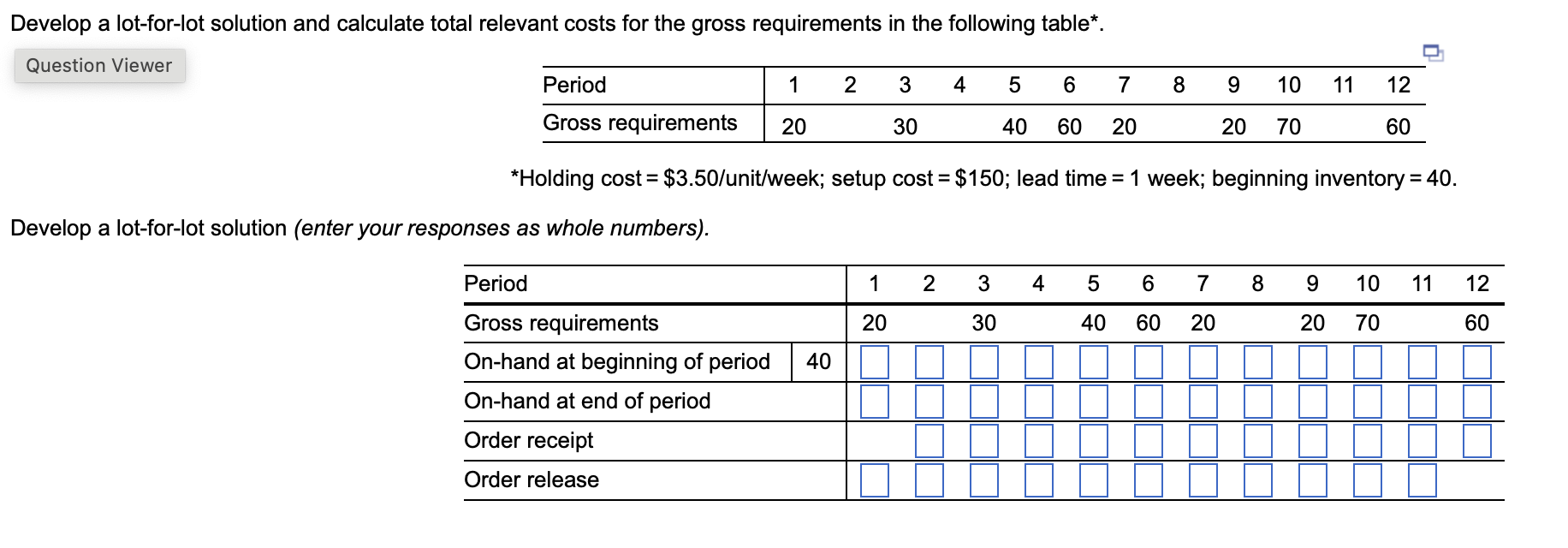  Develop a lot-for-lot solution and calculate total relevant costs for the