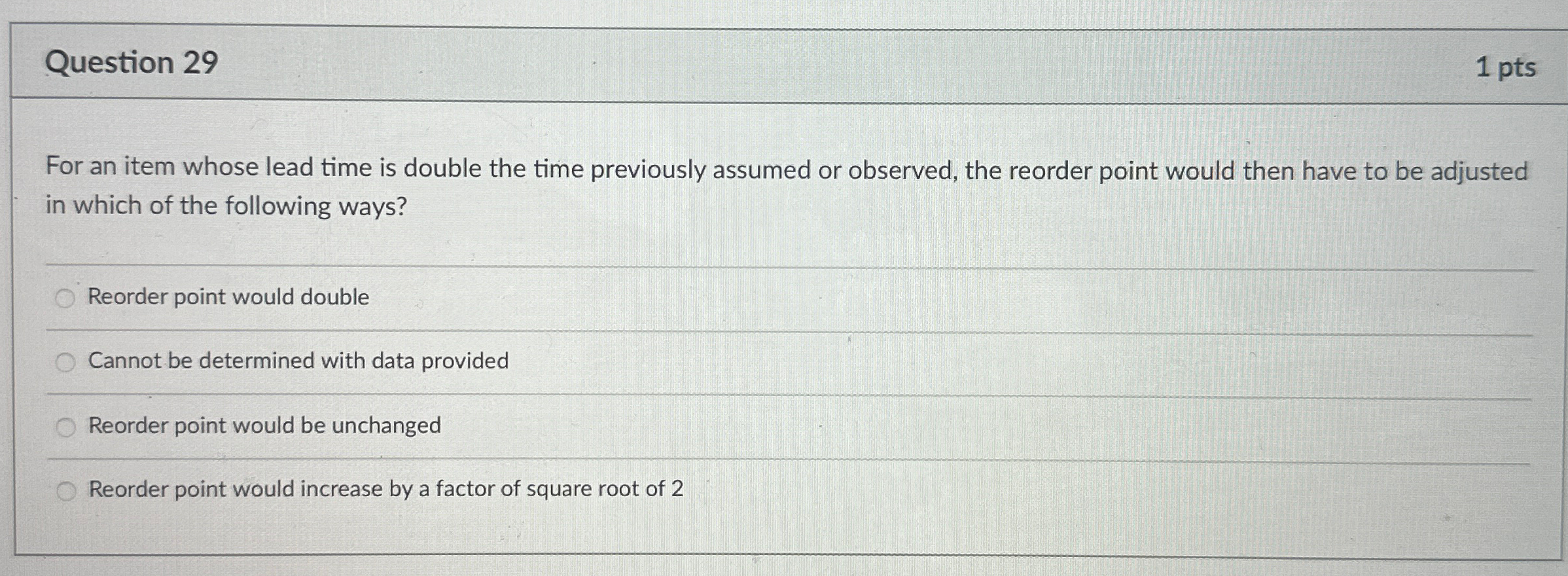  Question 29 1 pts For an item whose lead time is
