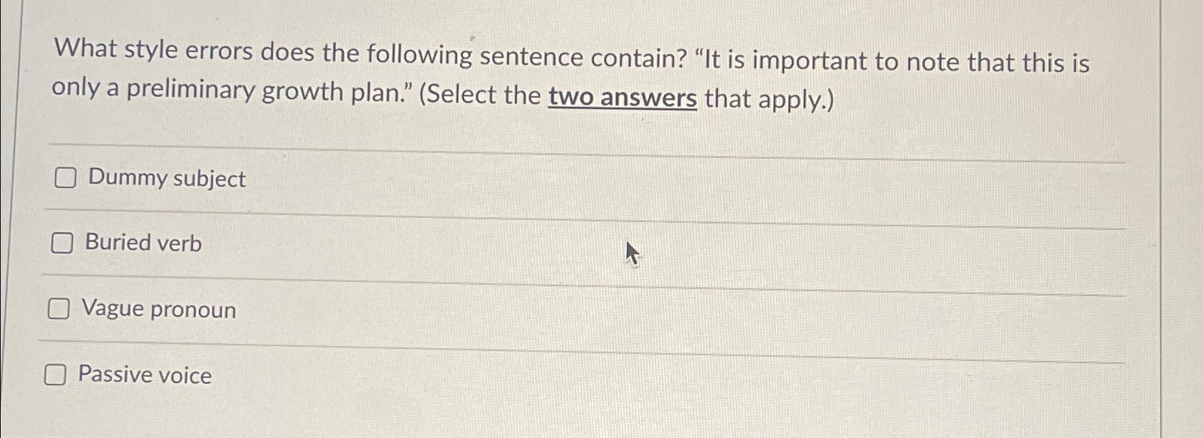  What style errors does the following sentence contain? "It is important