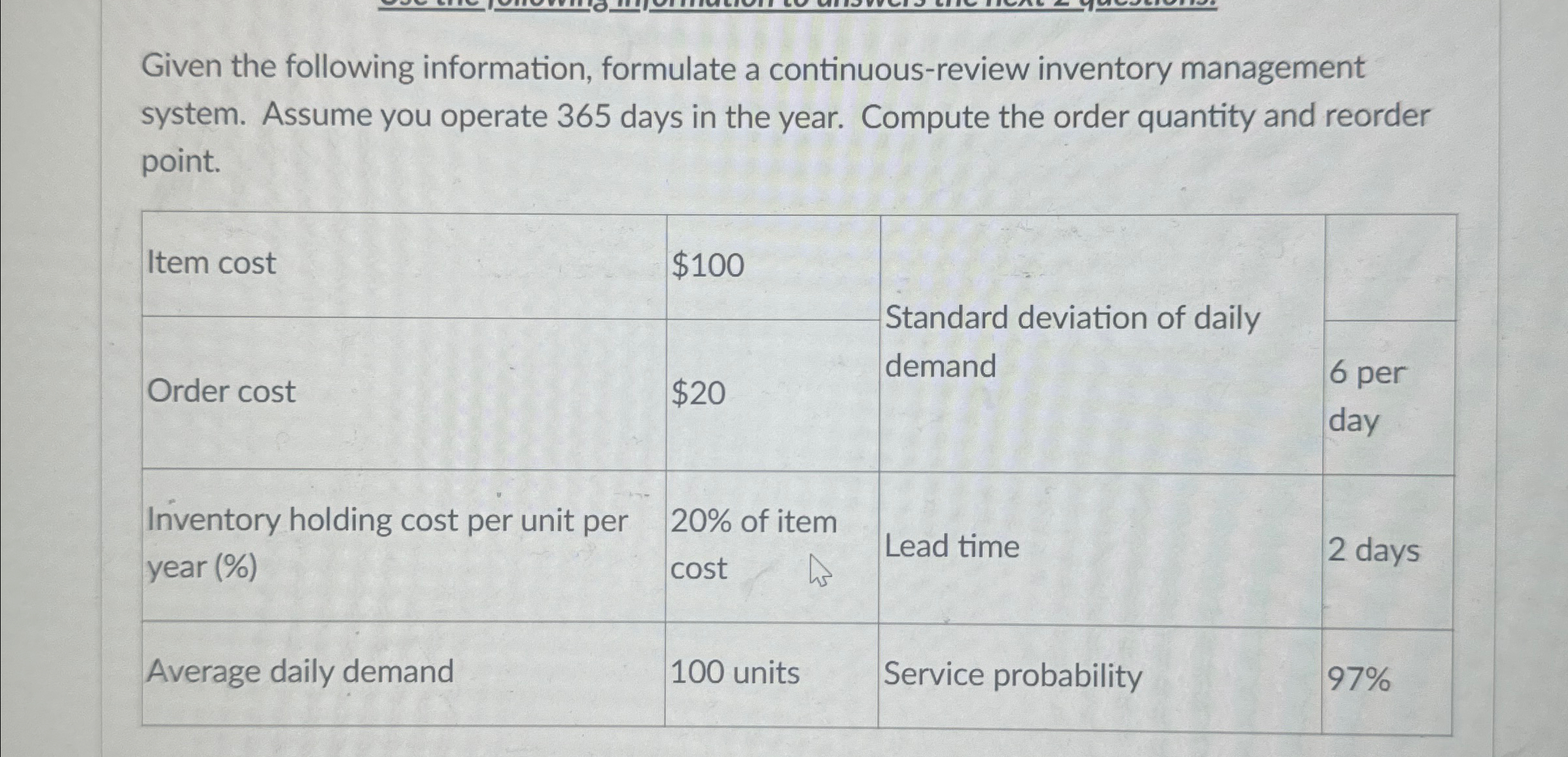  Given the following information, formulate a continuous-review inventory management system. Assume