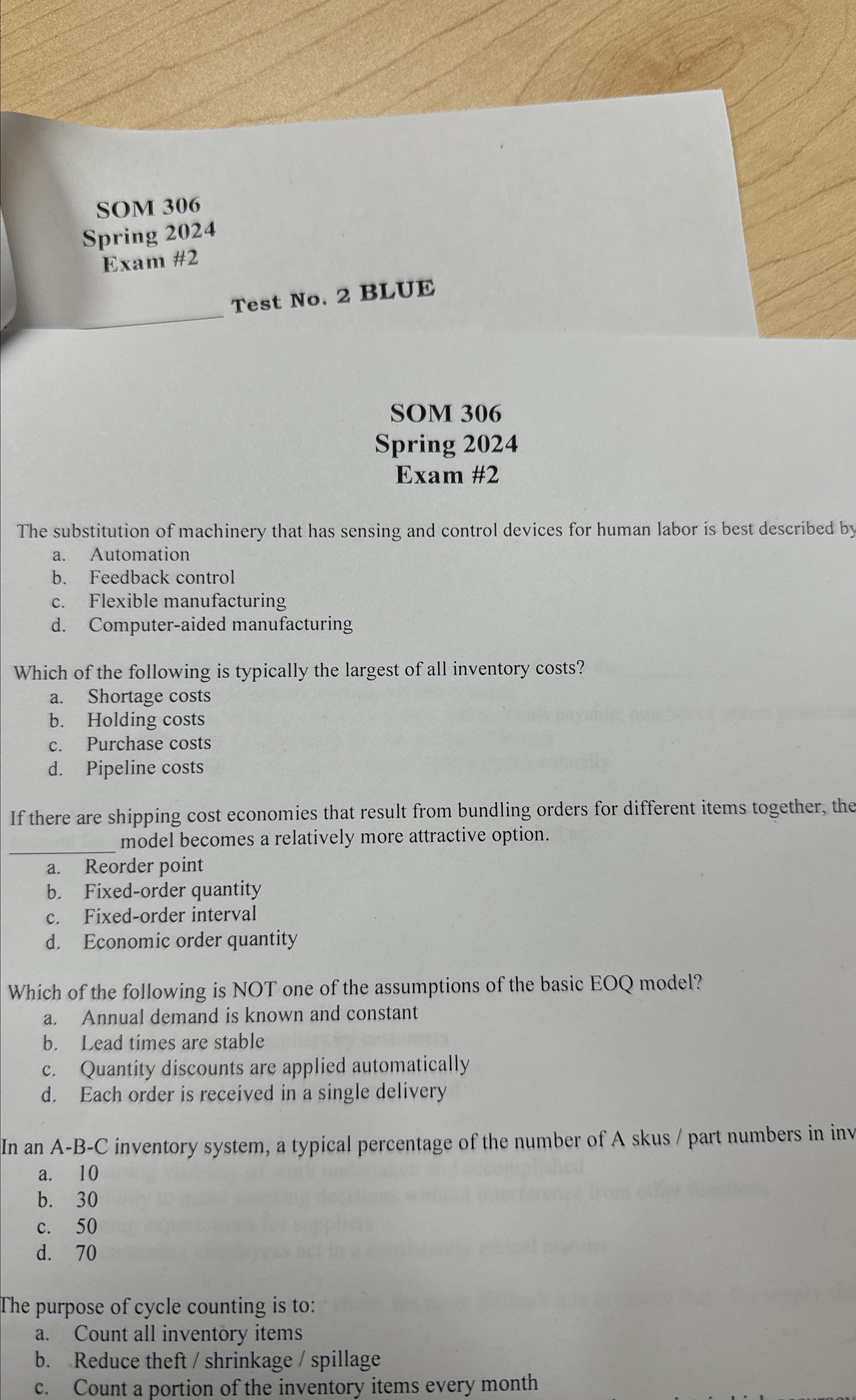  SOM 306 Spring 2024 Exam #2 Test No.2 BLUE SOM 306