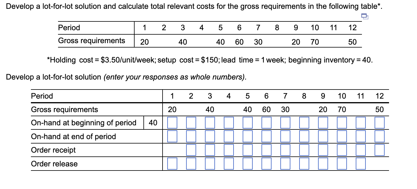  Develop a lot-for-lot solution and calculate total relevant costs for the