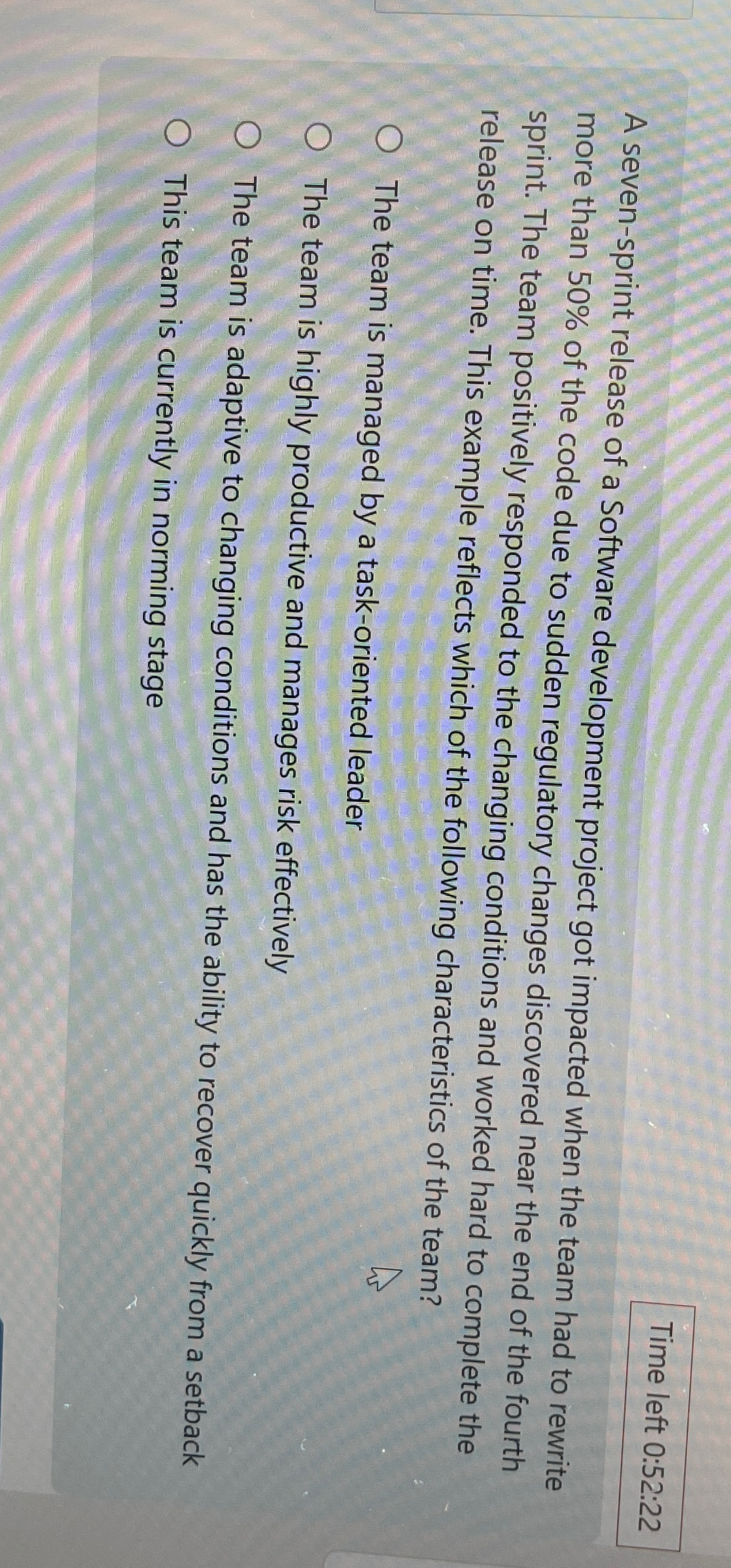  Time left 0:52:22 A seven-sprint release of a Software development project