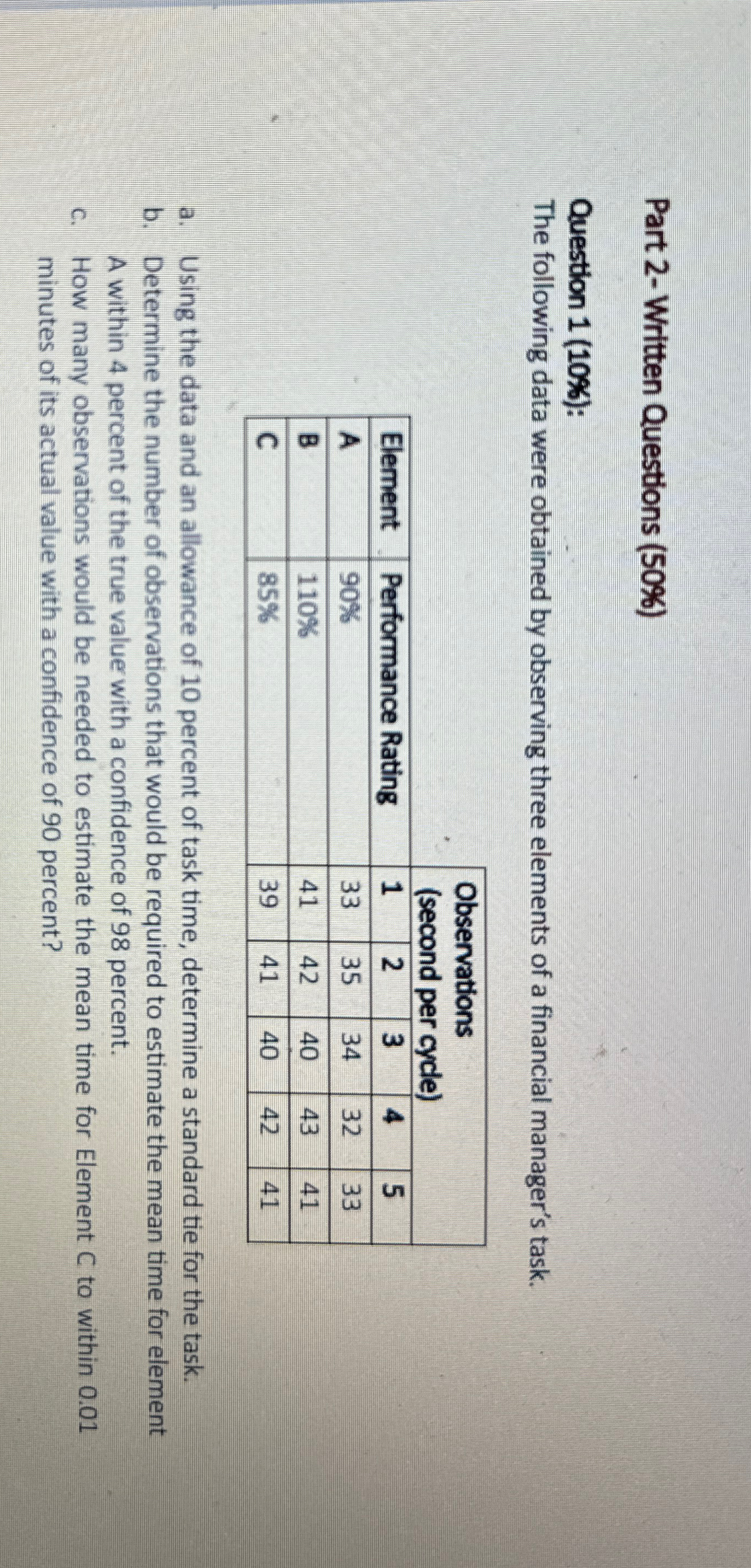  Part 2- Written Questions (50%) Question 1(10%): The following data were