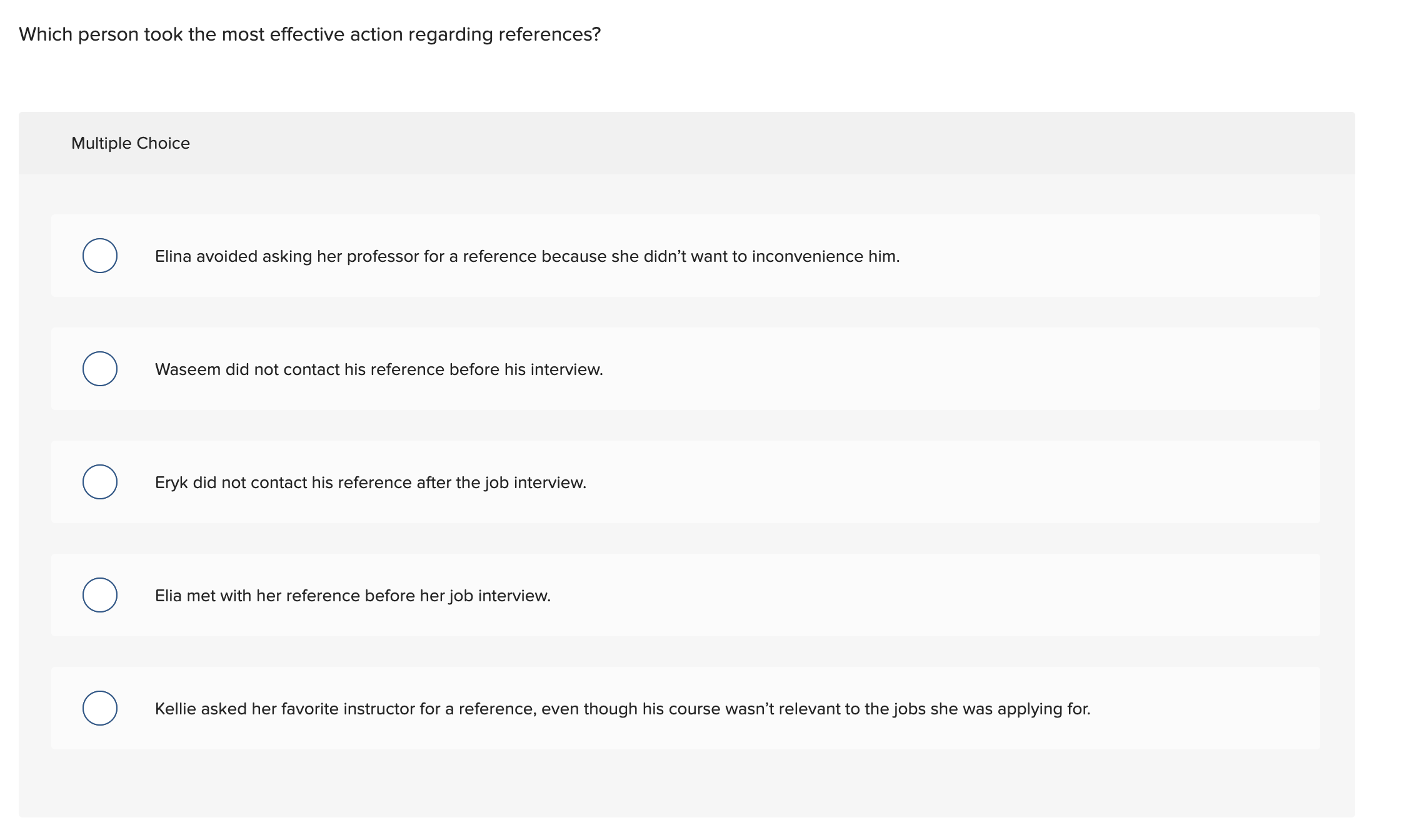  Which person took the most effective action regarding references? Multiple Choice