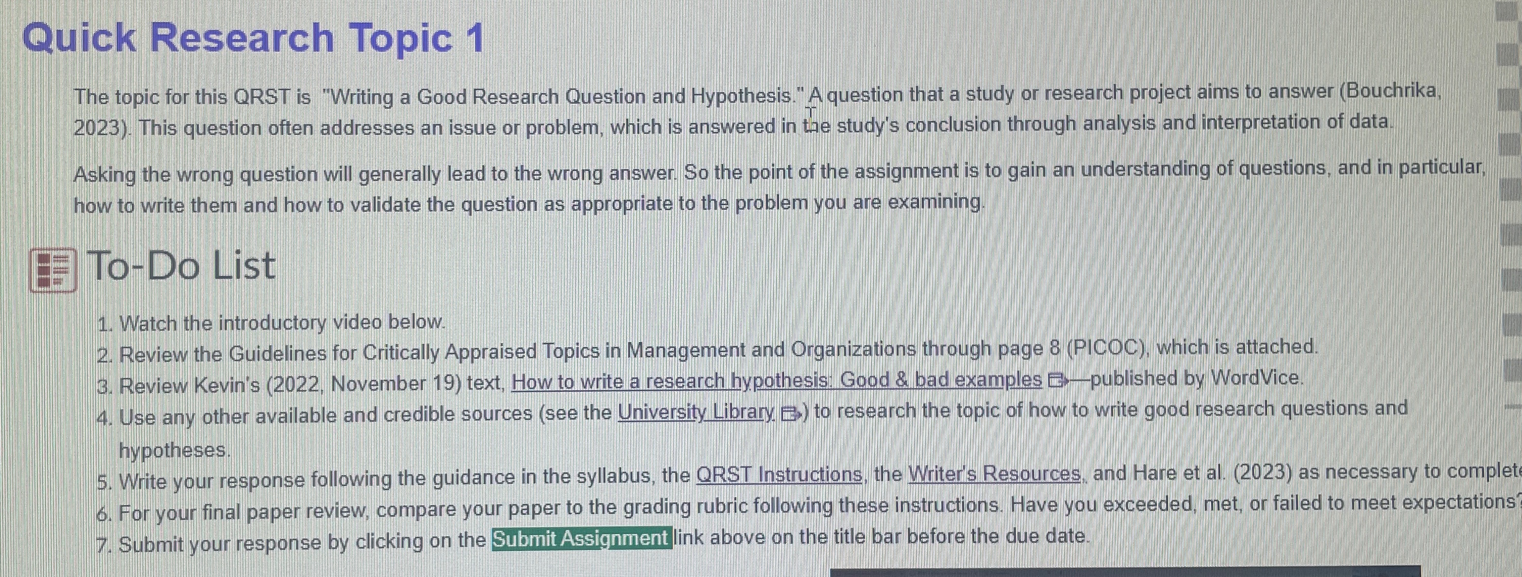  Quick Research Topic 1 The topic for this QRST is "Writing