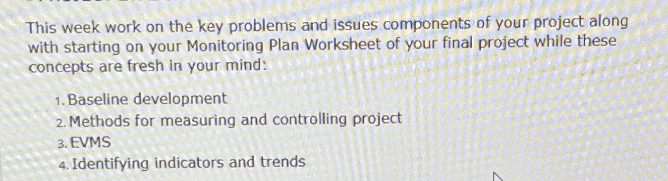  This week work on the key problems and issues components of