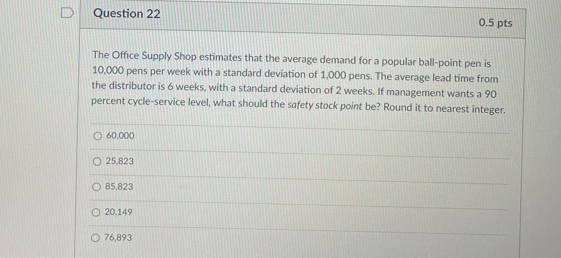  Question 22 0.5pts The Office Supply Shop estimates that the average