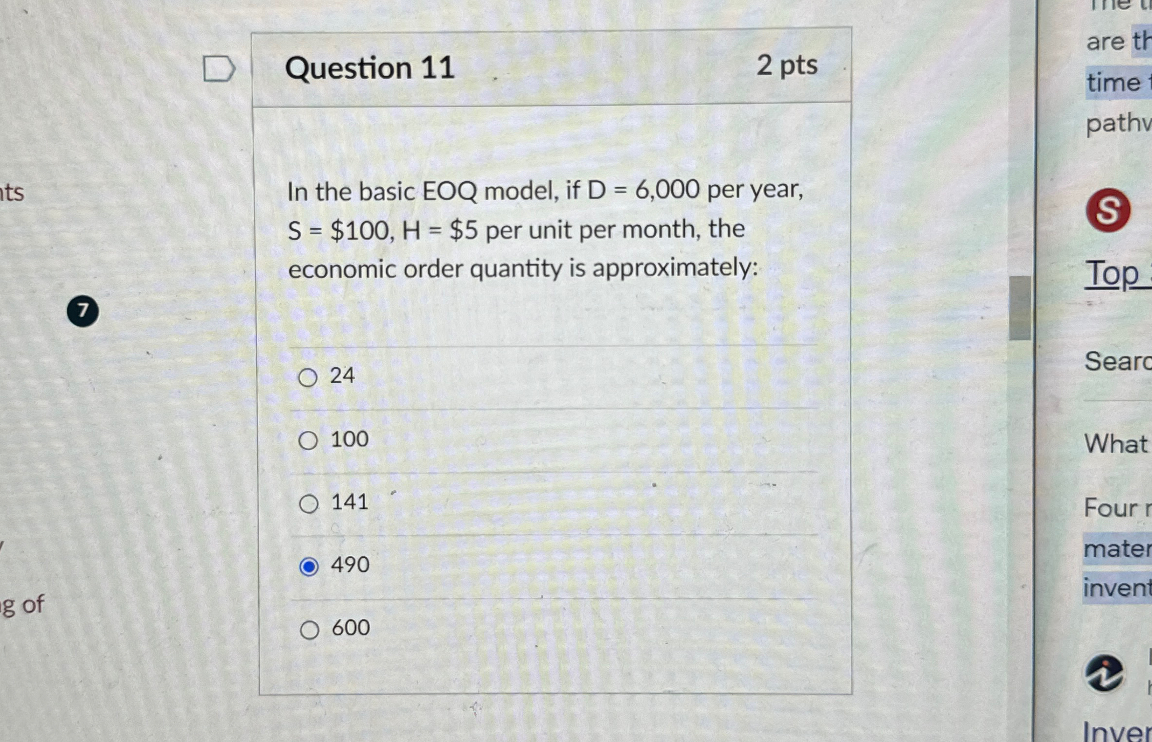  Question 11 2 pts In the basic EOQ model, if D=6,000