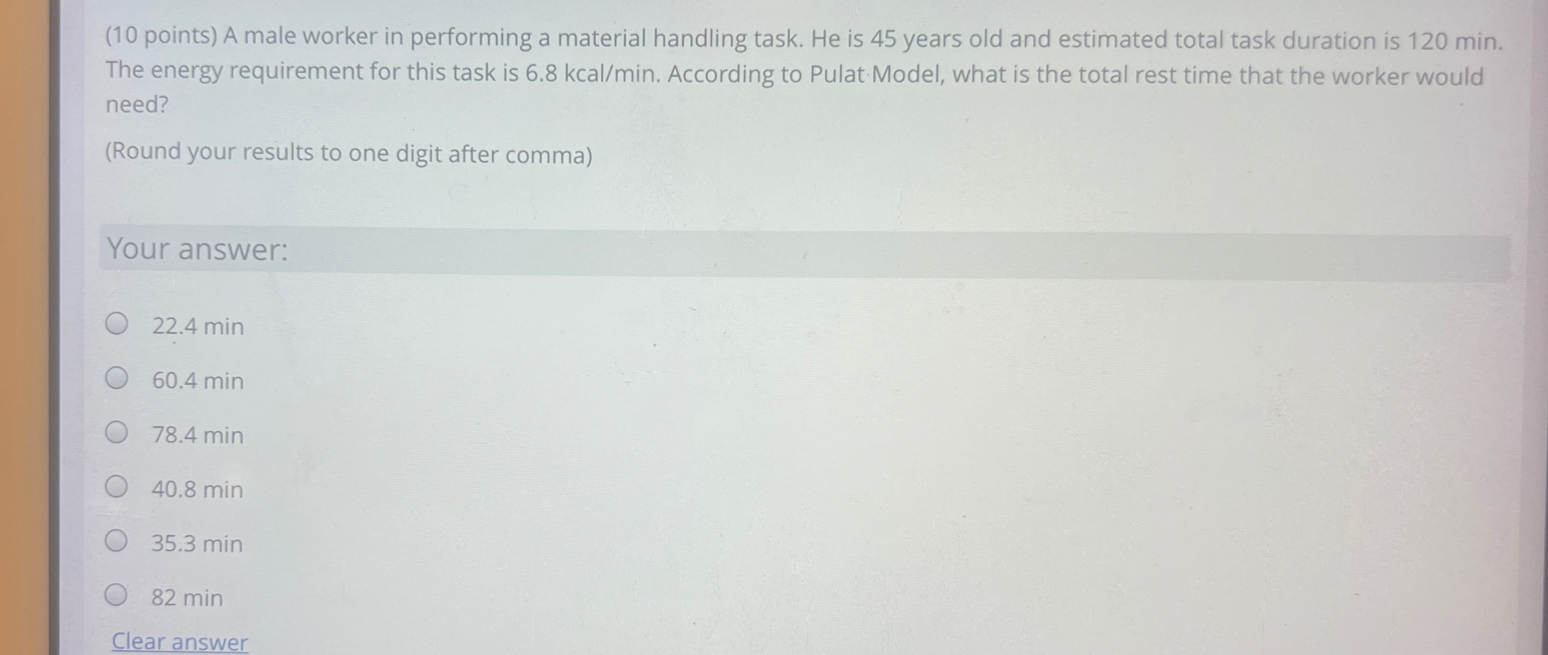  (10 points) A male worker in performing a material handling task.