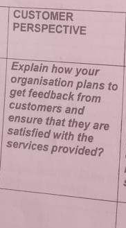  CUSTOMER PERSPECTIVE Explain how your organisation plans to get feedback from