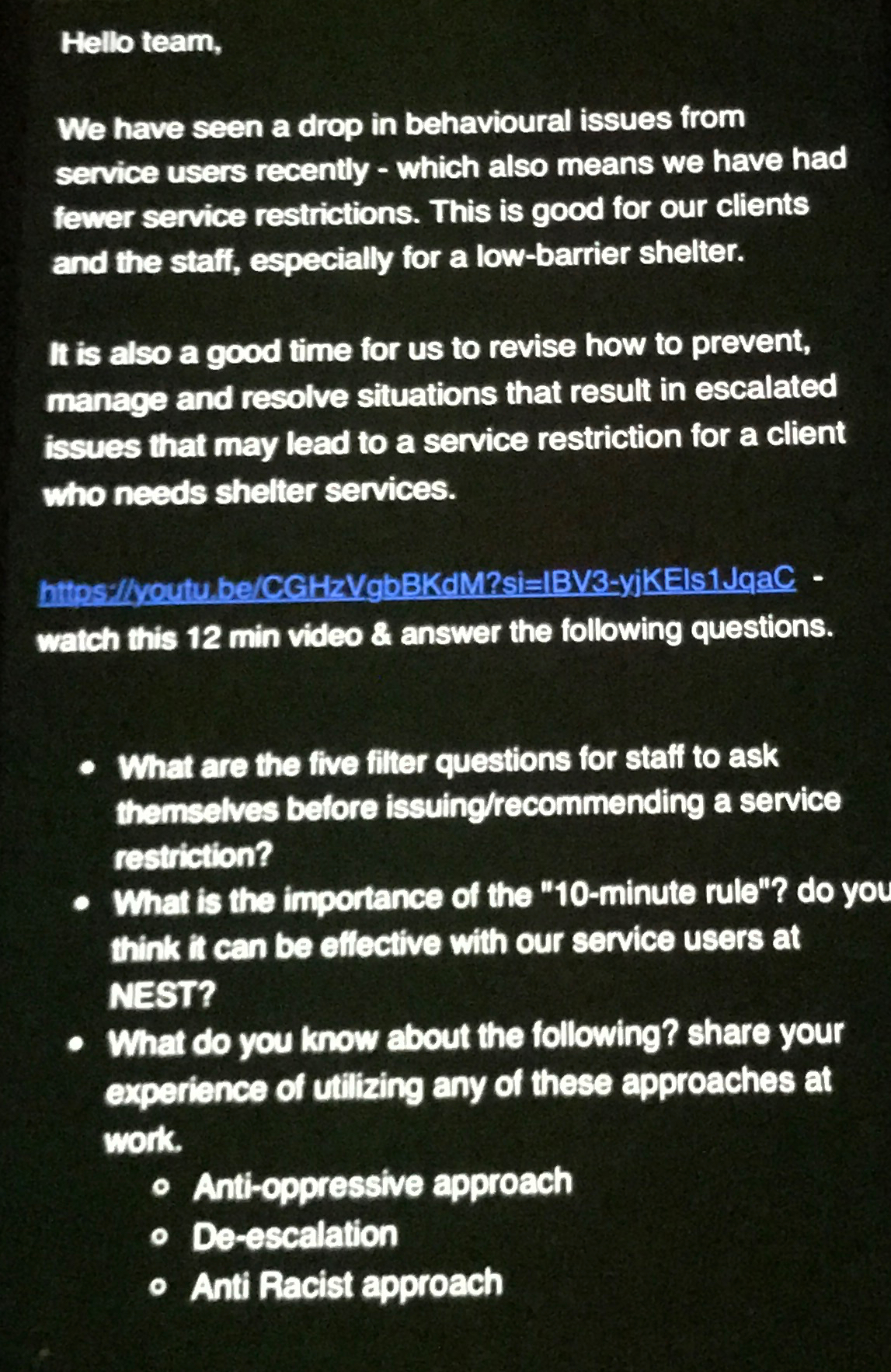  Hello team, We have seen a drop in behavioural issues from