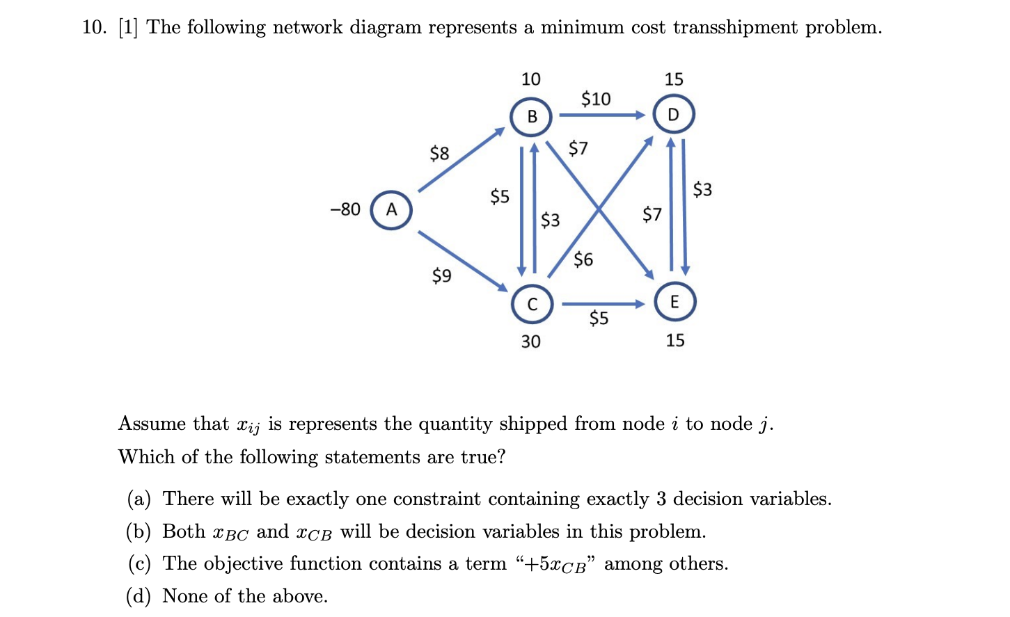  [1] The following network diagram represents a minimum cost transshipment problem.