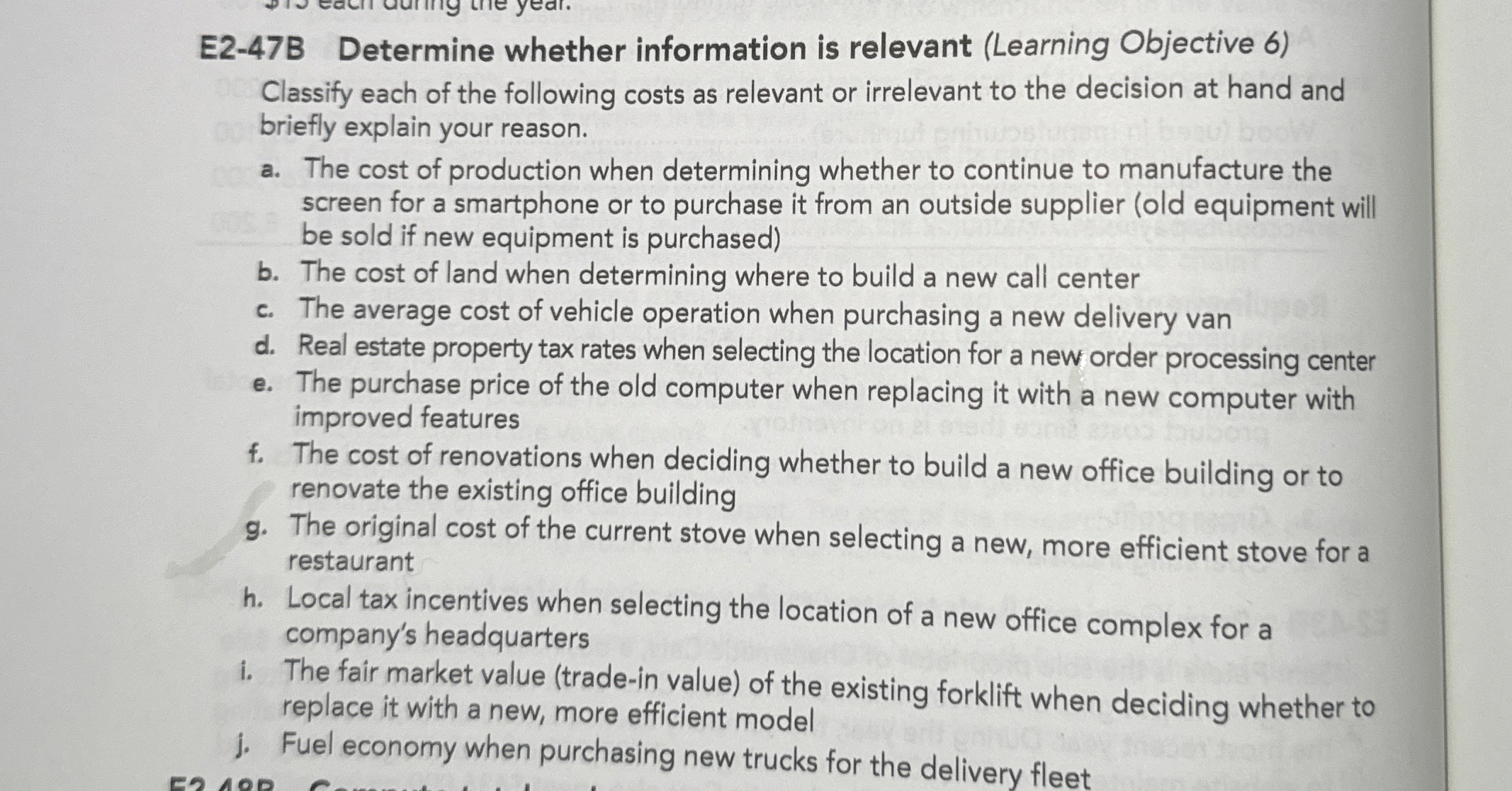  E2-47B Determine whether information is relevant (Learning Objective 6) Classify each