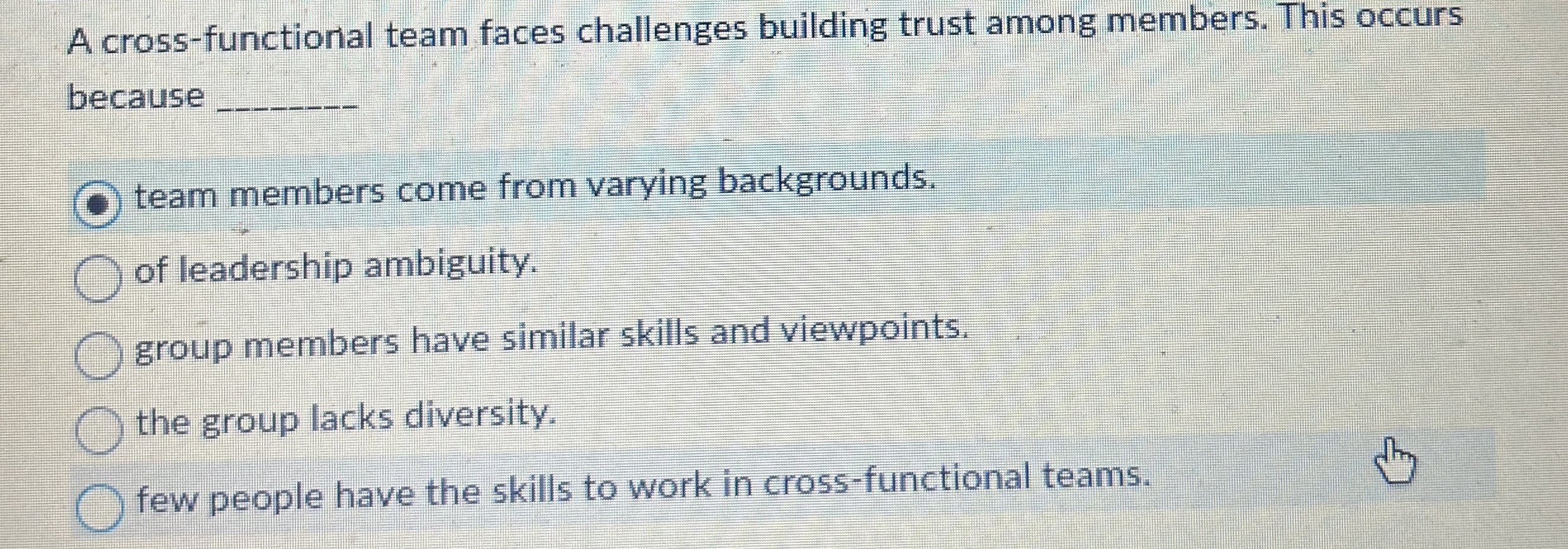  A cross-functional team faces challenges building trust among members. This occurs