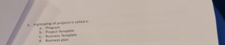  A groupine of projects is called a: a. Program b. Froject