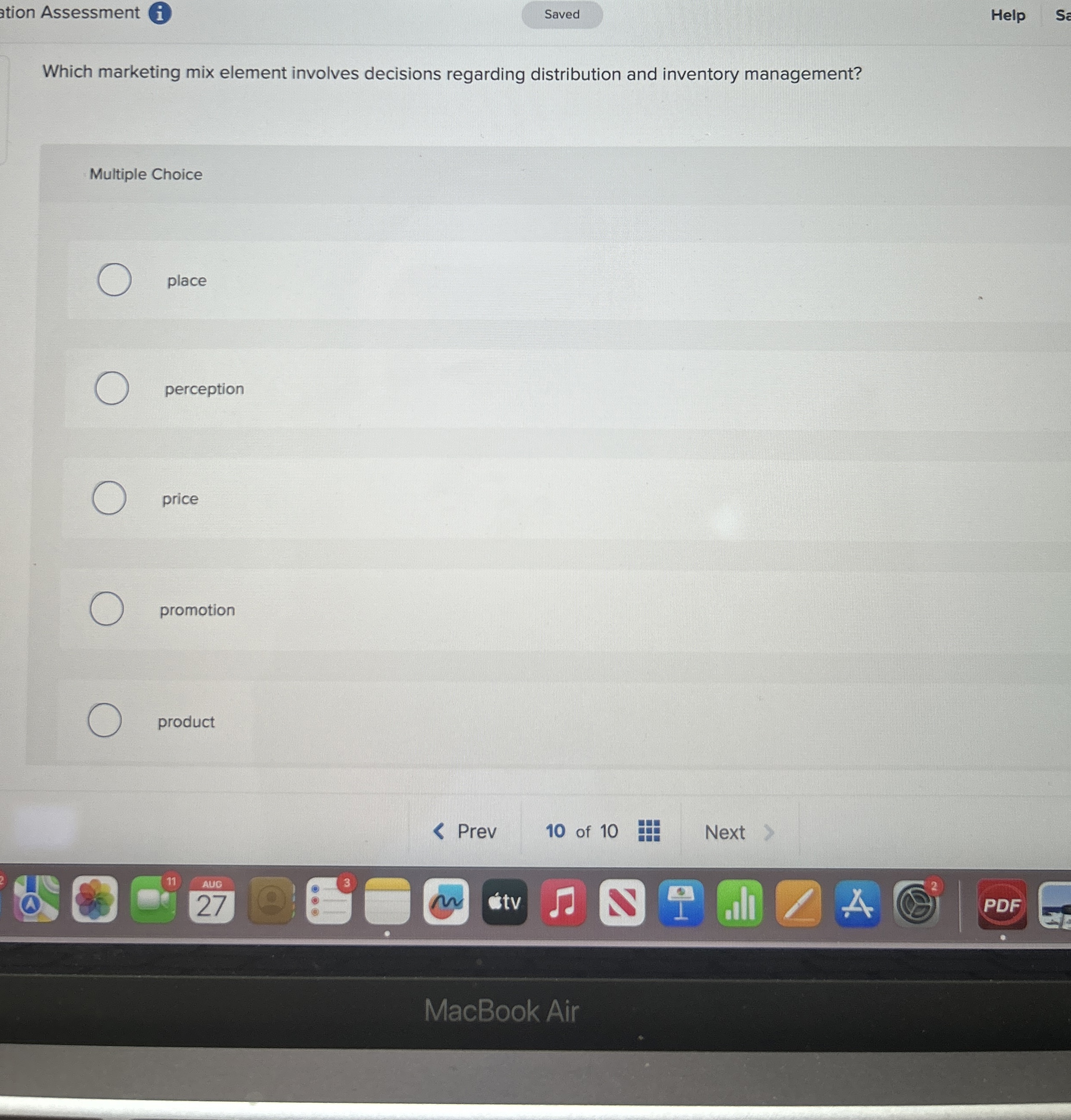  ation Assessment Help Which marketing mix element involves decisions regarding distribution