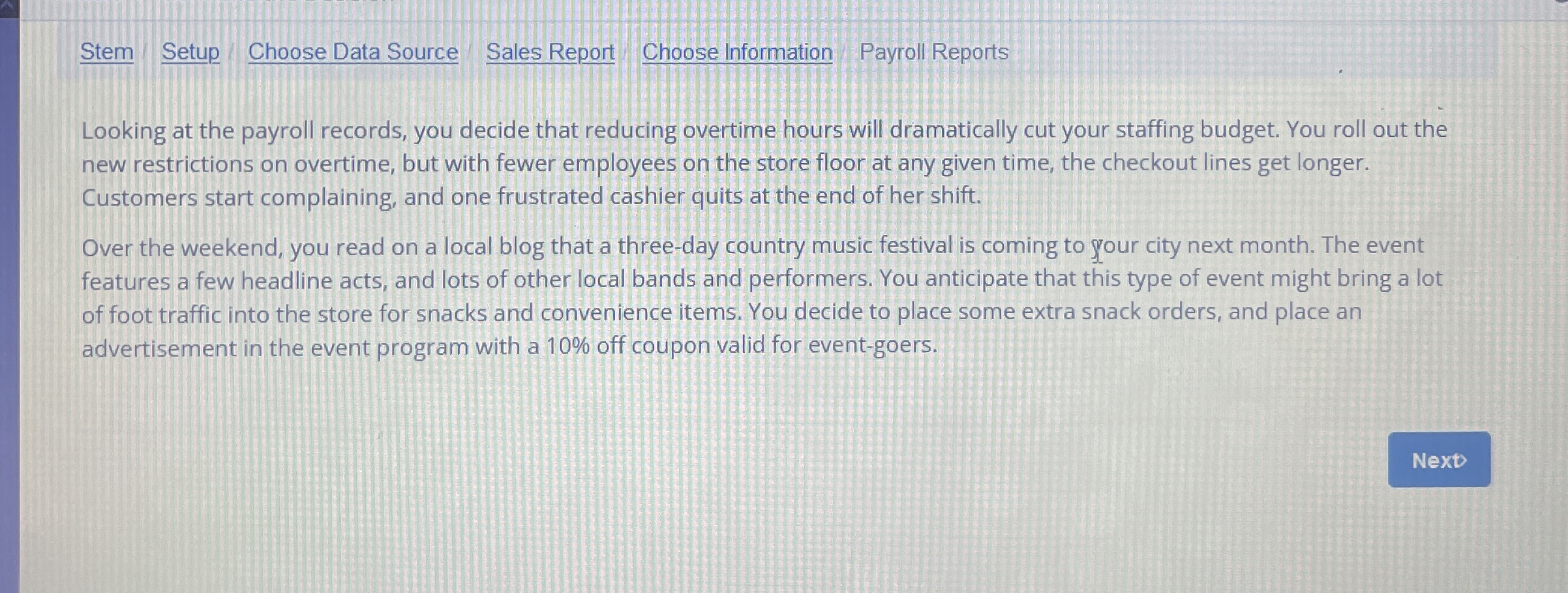  Stem Setup Choose Data Source Sales Report Choose Information Payroll Reports