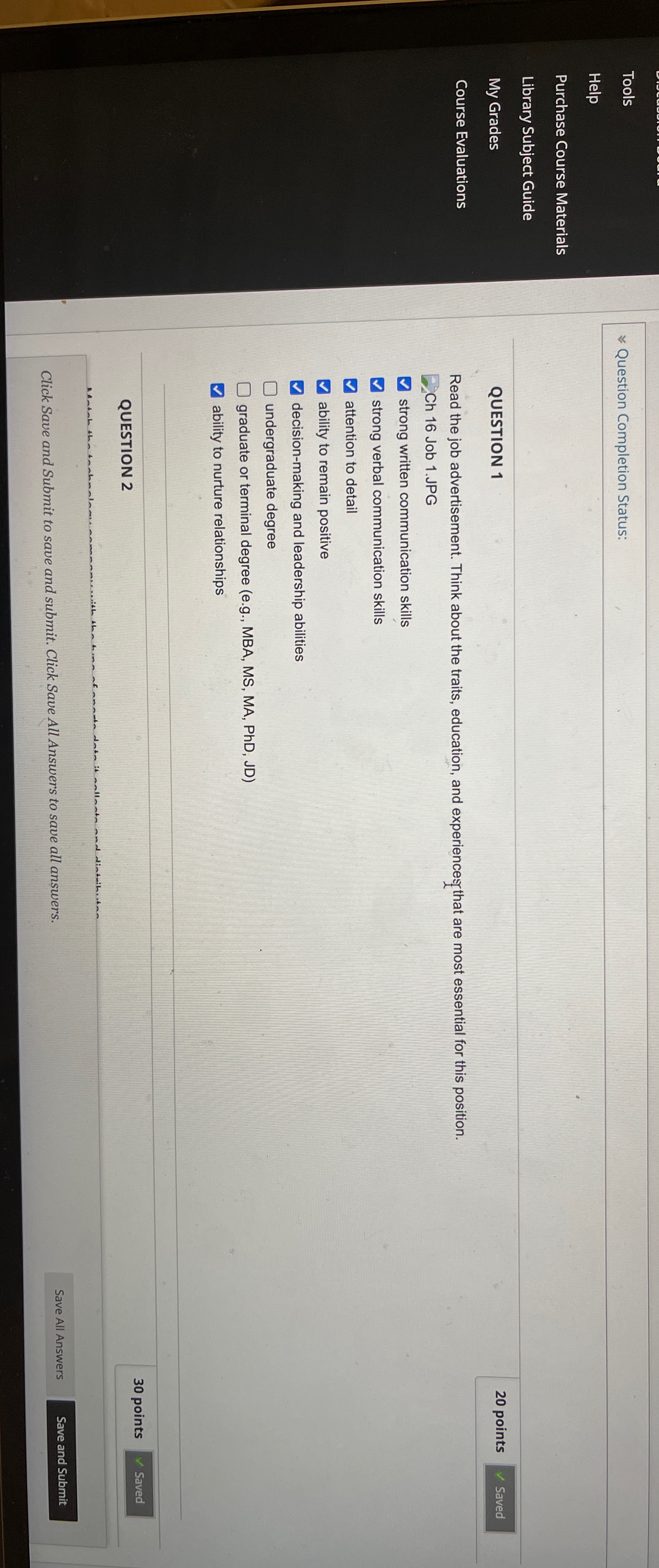  Tools ~~ Question Completion Status: Help Purchase Course Materials Library Subject