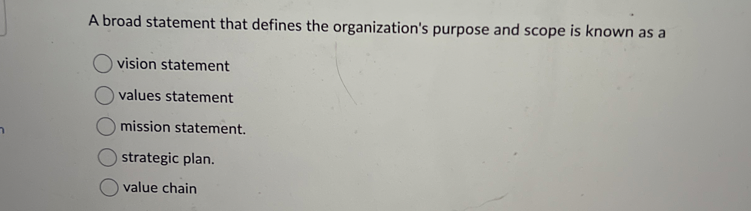  A broad statement that defines the organization's purpose and scope is