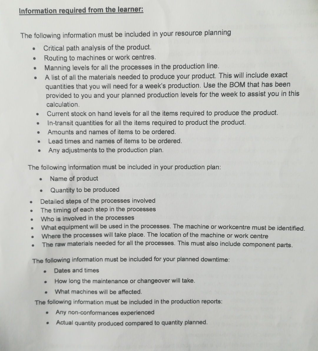  Information required from the learner: The following information must be included