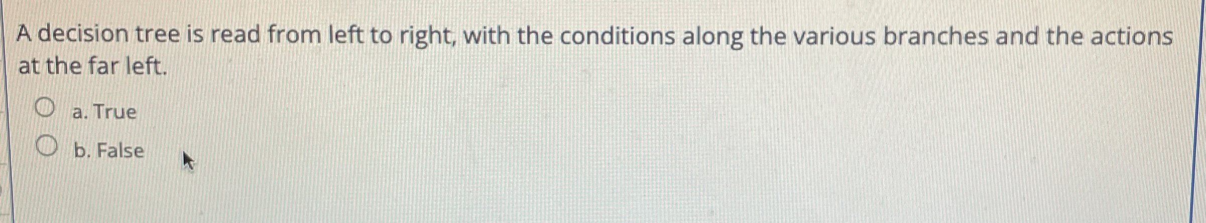  A decision tree is read from left to right, with the